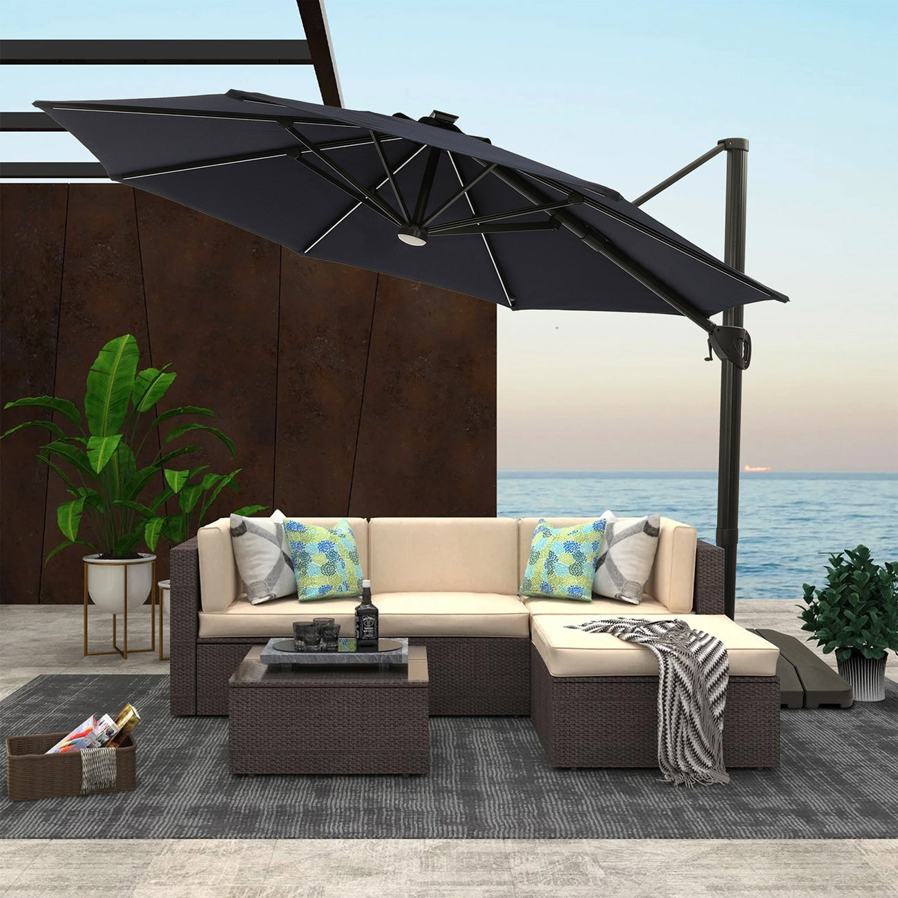 11Ft Solar Tube Light-Emitting Diode Patio Round Umbrella Outdoor Market Hanging Aluminum Umbrella with Crank and Base-Boyel Living