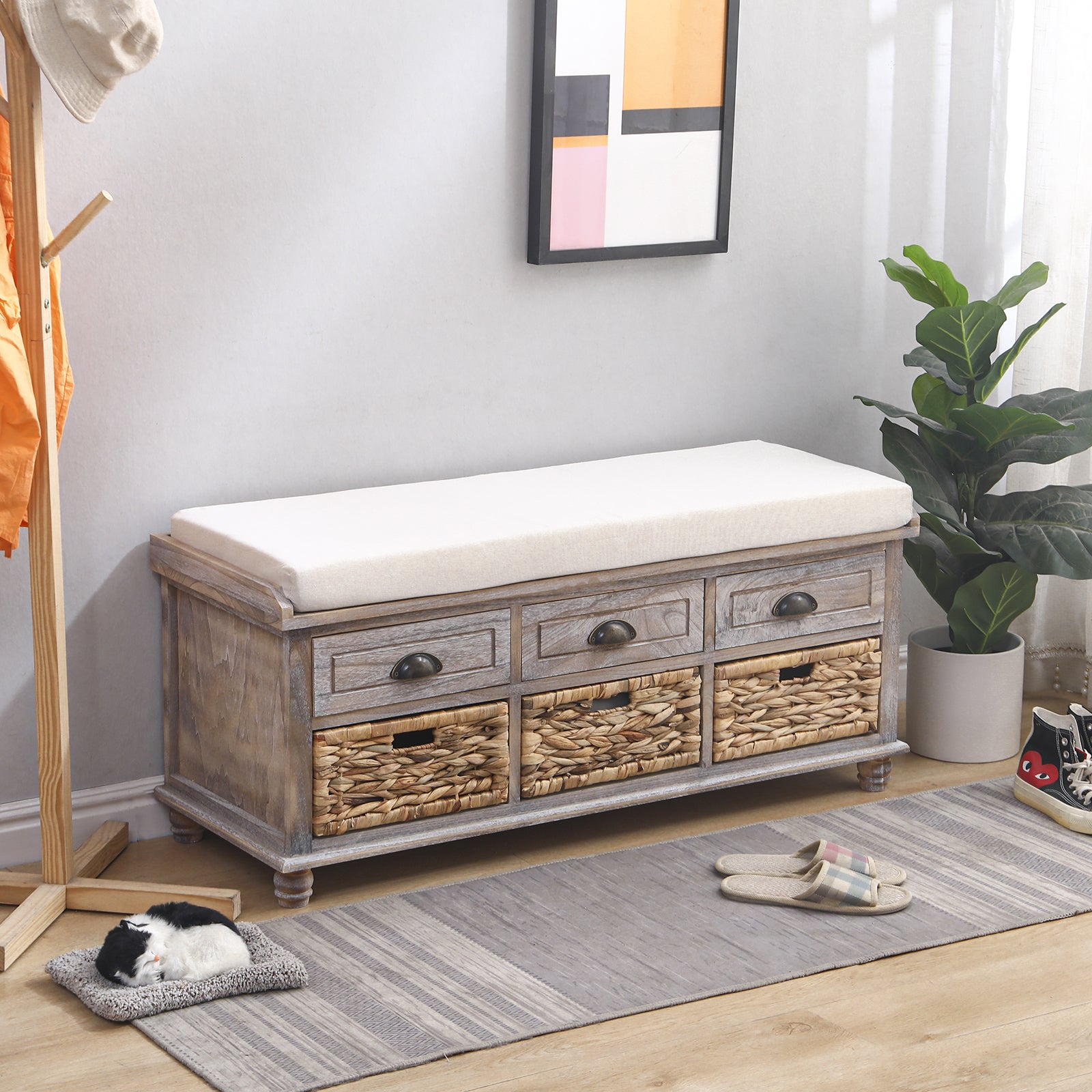 Storage Bench with 3 Drawers, 3 Rattan Baskets and Removable Cushion-Boyel Living
