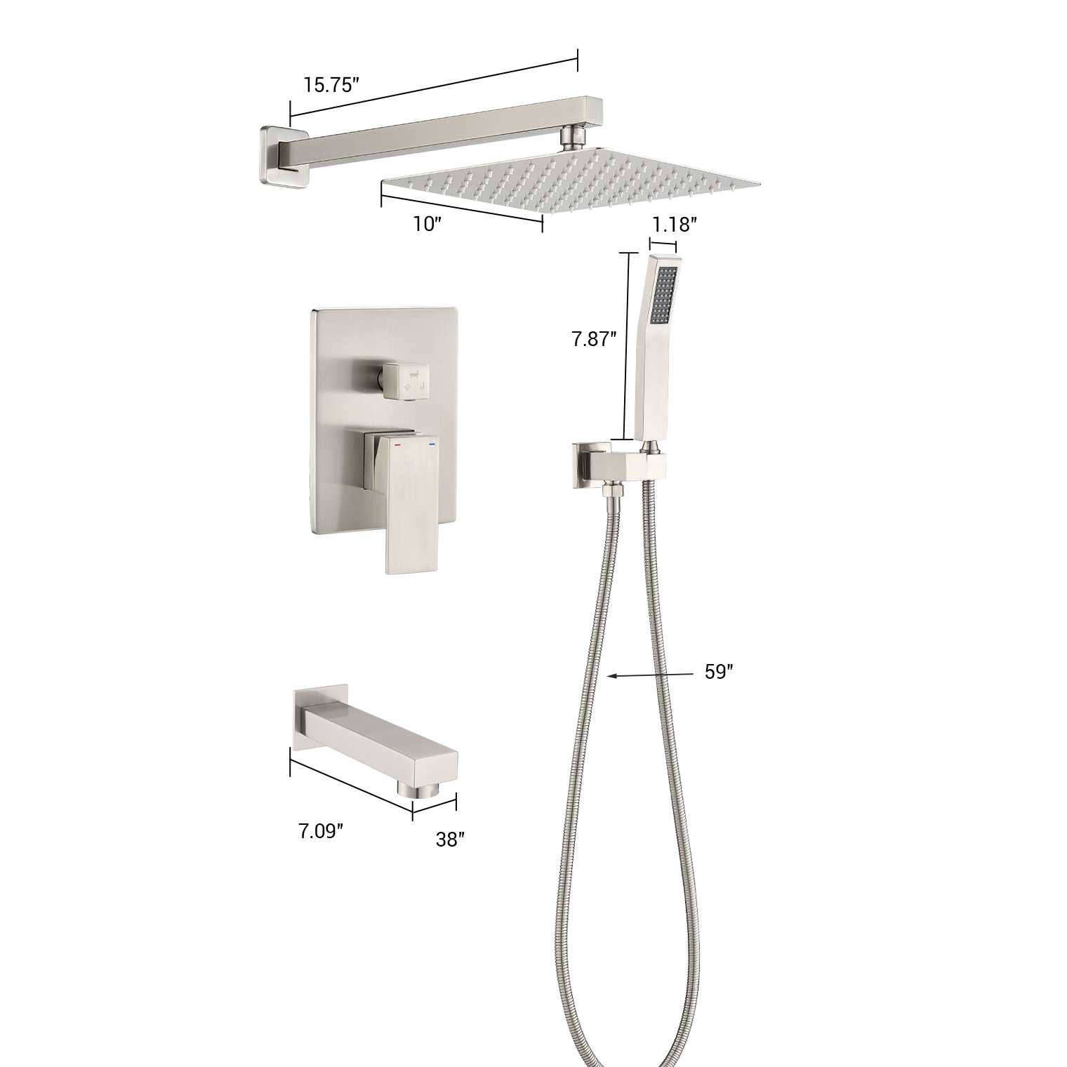 10-inch Rain Shower System with Tub Spout Dimensions