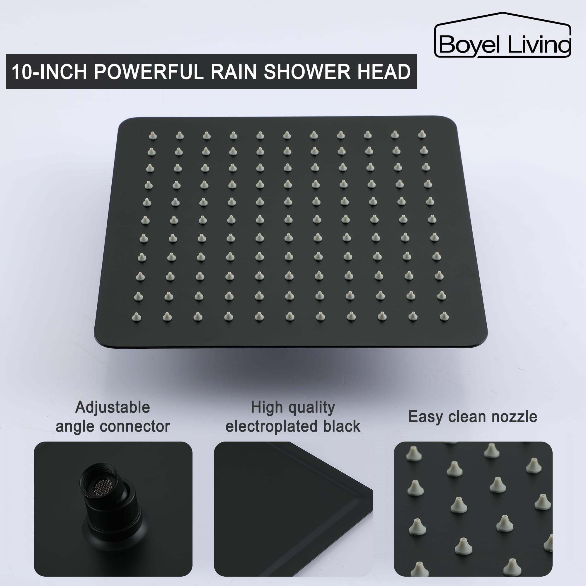10-Inch Powerful Rain Shower Head with High-Quality Black Finish and Easy Clean Nozzle-Boyel Living