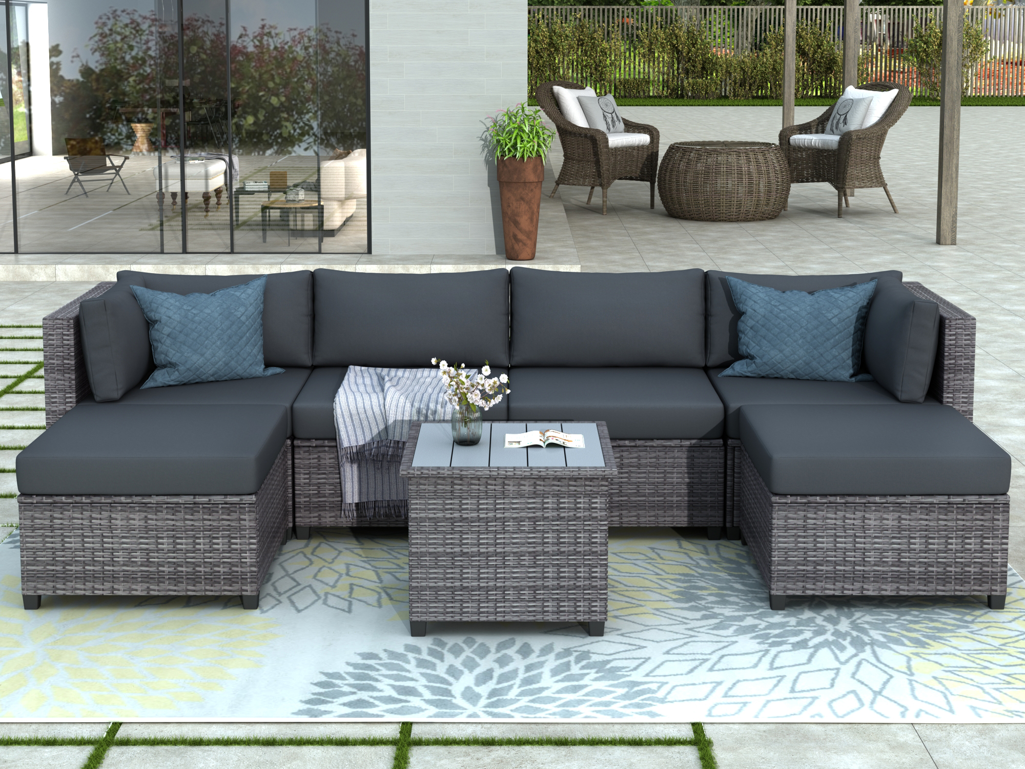 7 Piece Rattan Sectional Seating Group with Cushions, Outdoor Ratten Sofa NEW!-Boyel Living