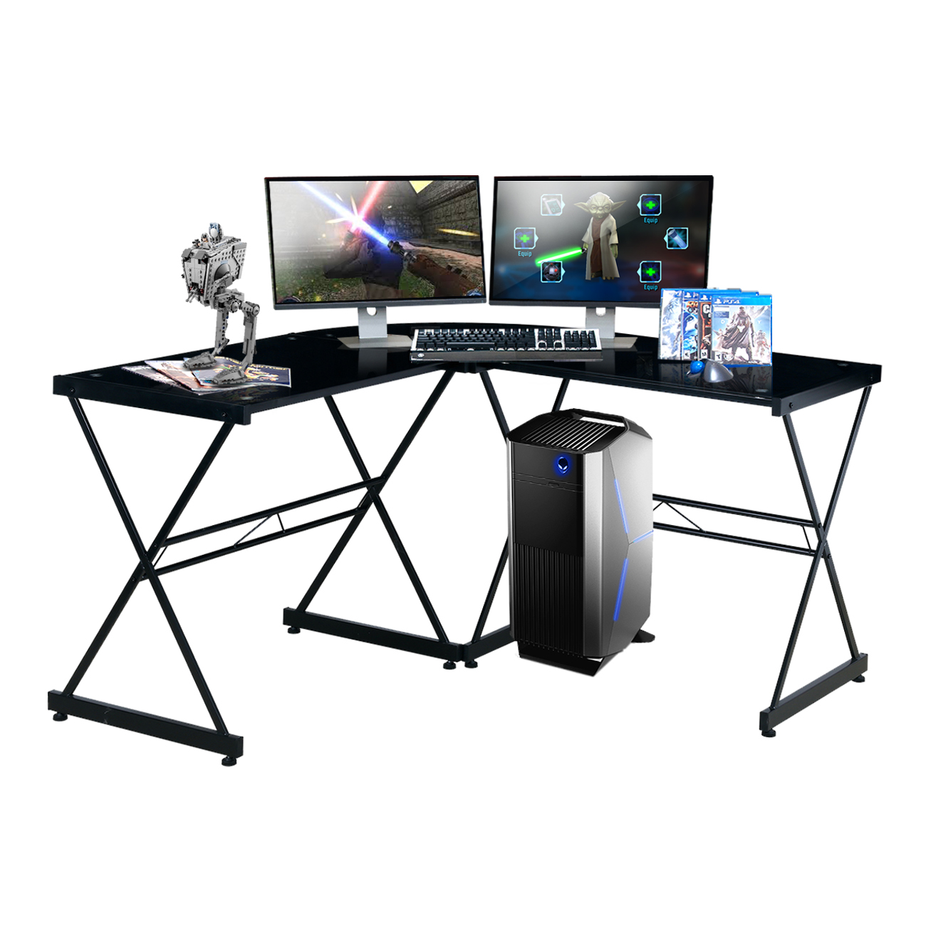 Techni Mobili L-Shaped Glass Computer Desk, Black-Boyel Living