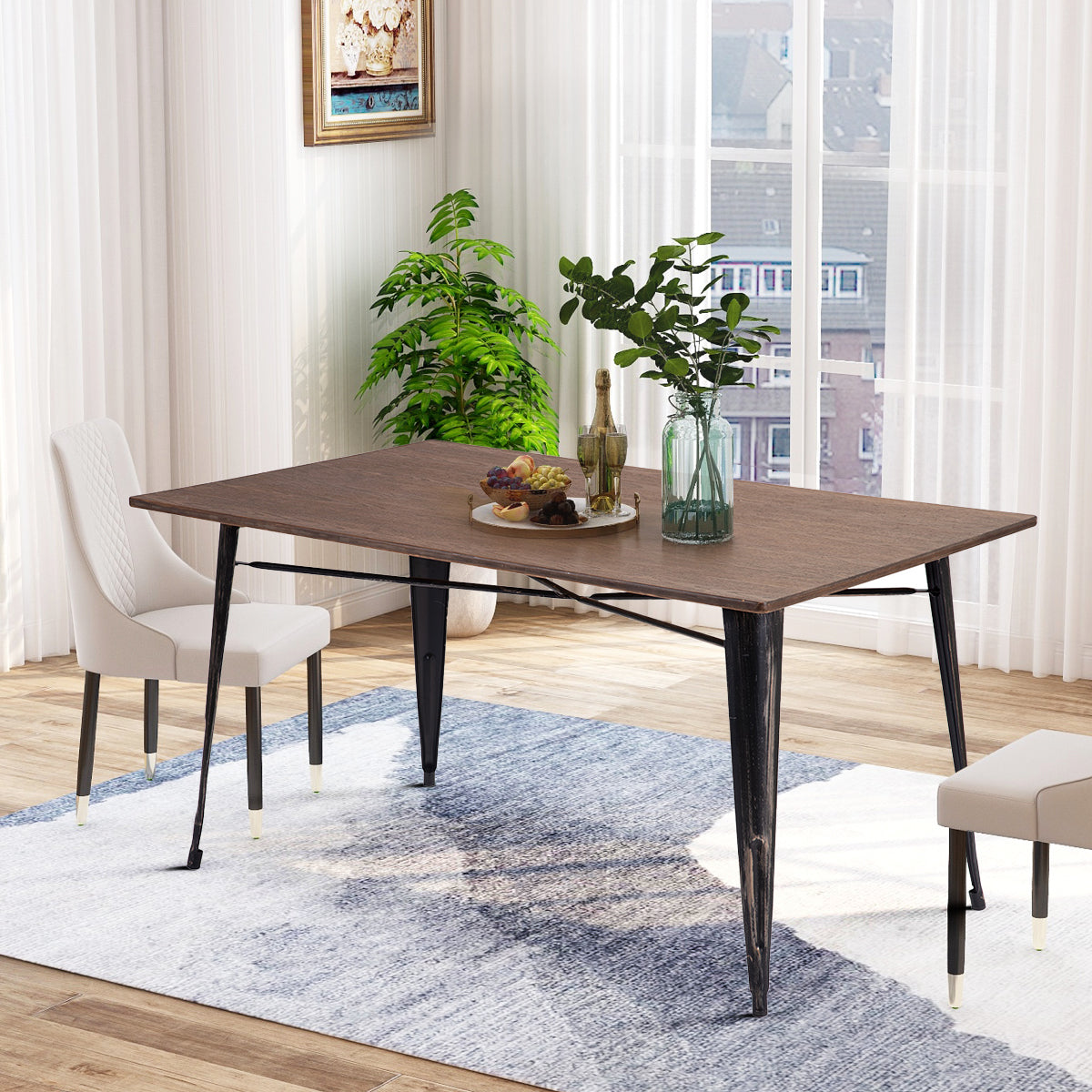 Antique Style Rectangular Dining Table with Metal Legs, Distressed Black-Boyel Living
