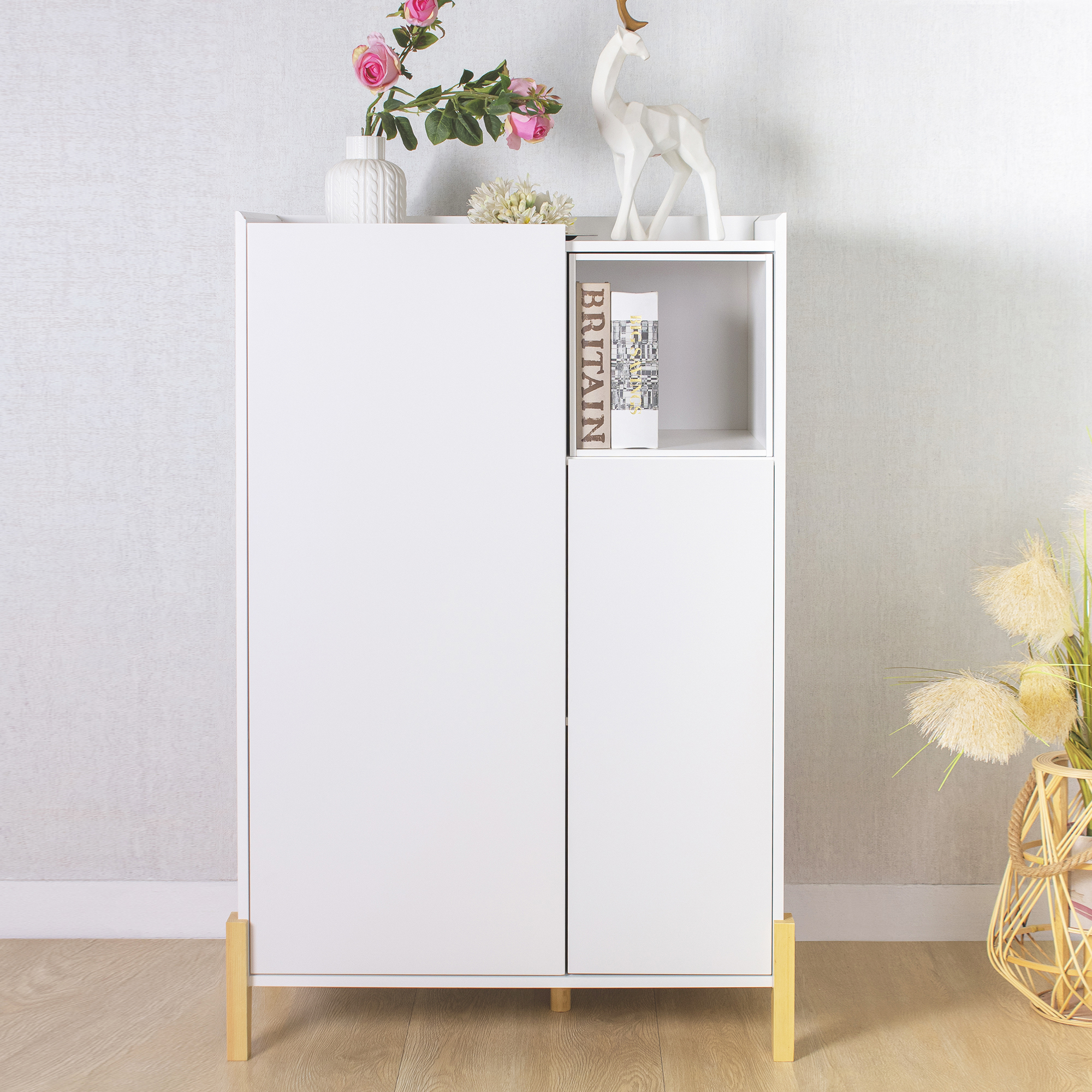 Floor Storage Cabinet - 47.2 Inch Tall with Pinewood Legs, Free-Standing Floor Storage Cabinet with 2 Door and 1 Removable Open Shelf For Home, White-Boyel Living