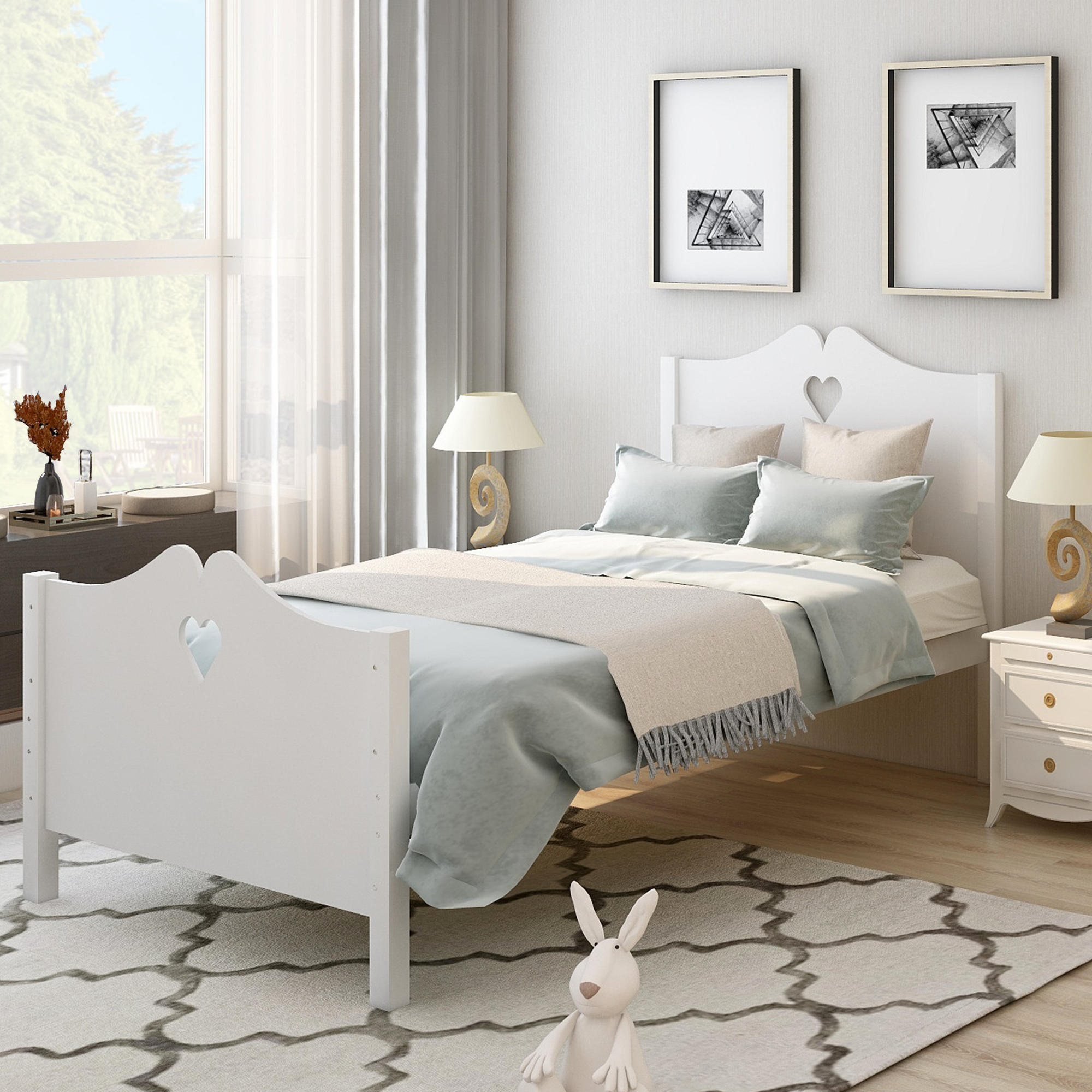 Bed Frame Twin Platform Bed with Wood Slat Support and Headboard and Footboard (White)-Boyel Living