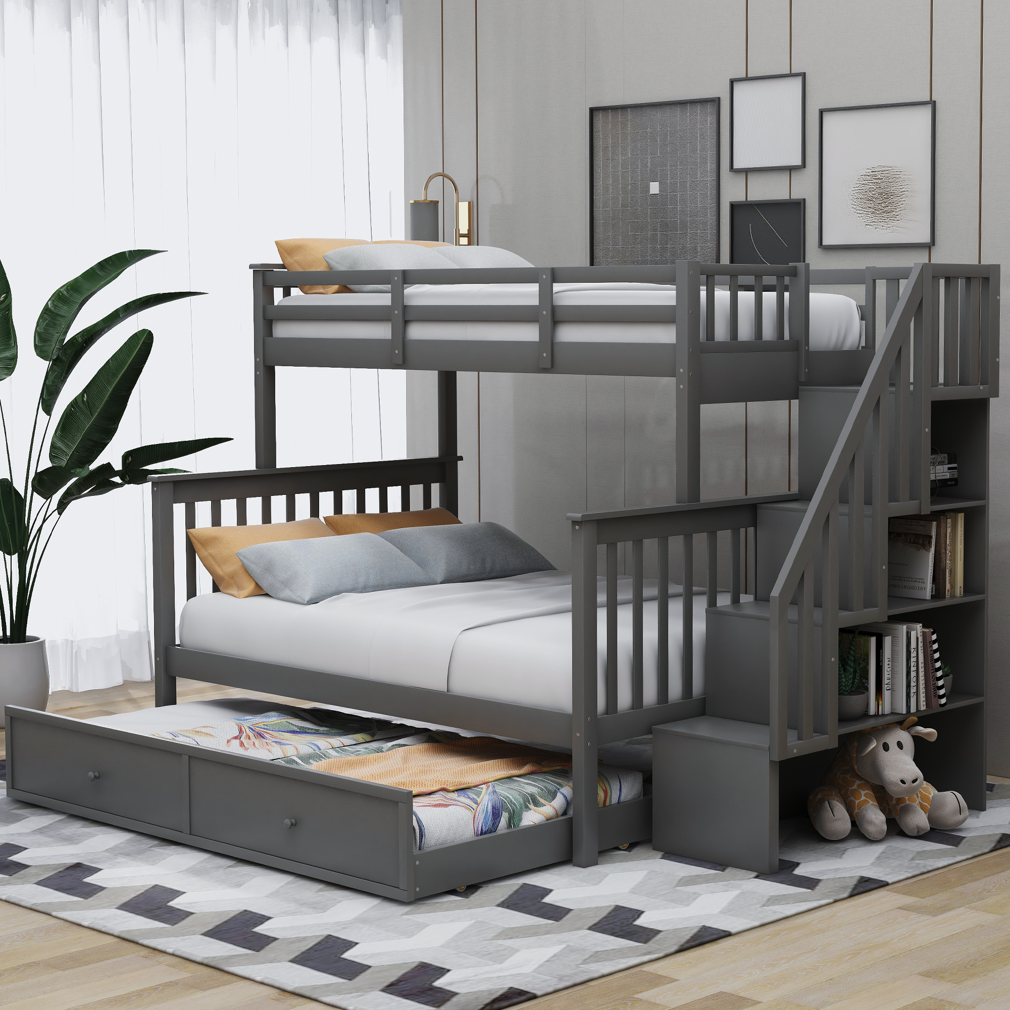 Stairway Twin-Over-Full Bunk Bed with Twin size Trundle, Storage and Guard Rail for Bedroom, Dorm, for Adults, Gray(OLD SKU :LP000119AAE)-Boyel Living