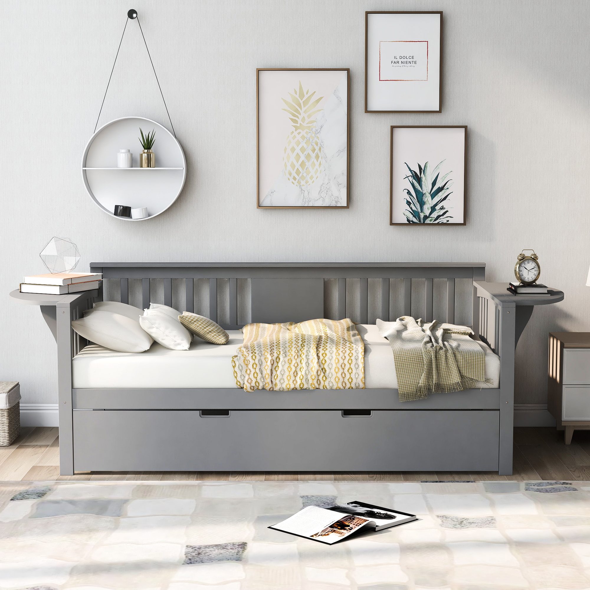 Twin Wooden Daybed with Trundle Bed  , Sofa Bed for Bedroom Living Room, Gray-Boyel Living