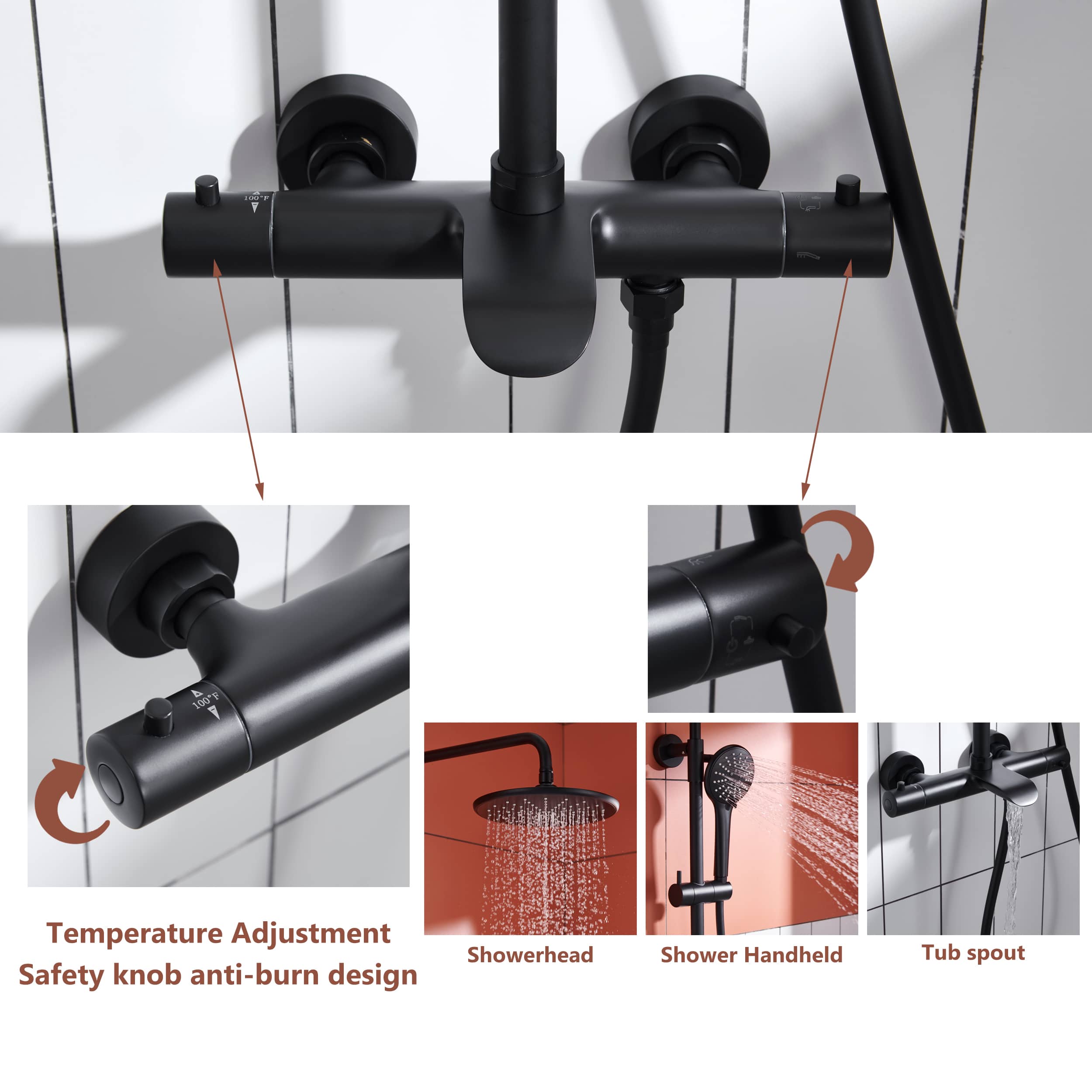 3 Function Wall Mount Round Thermostatic Rain Shower System with Tub Spout in Matte Black-Boyel Living