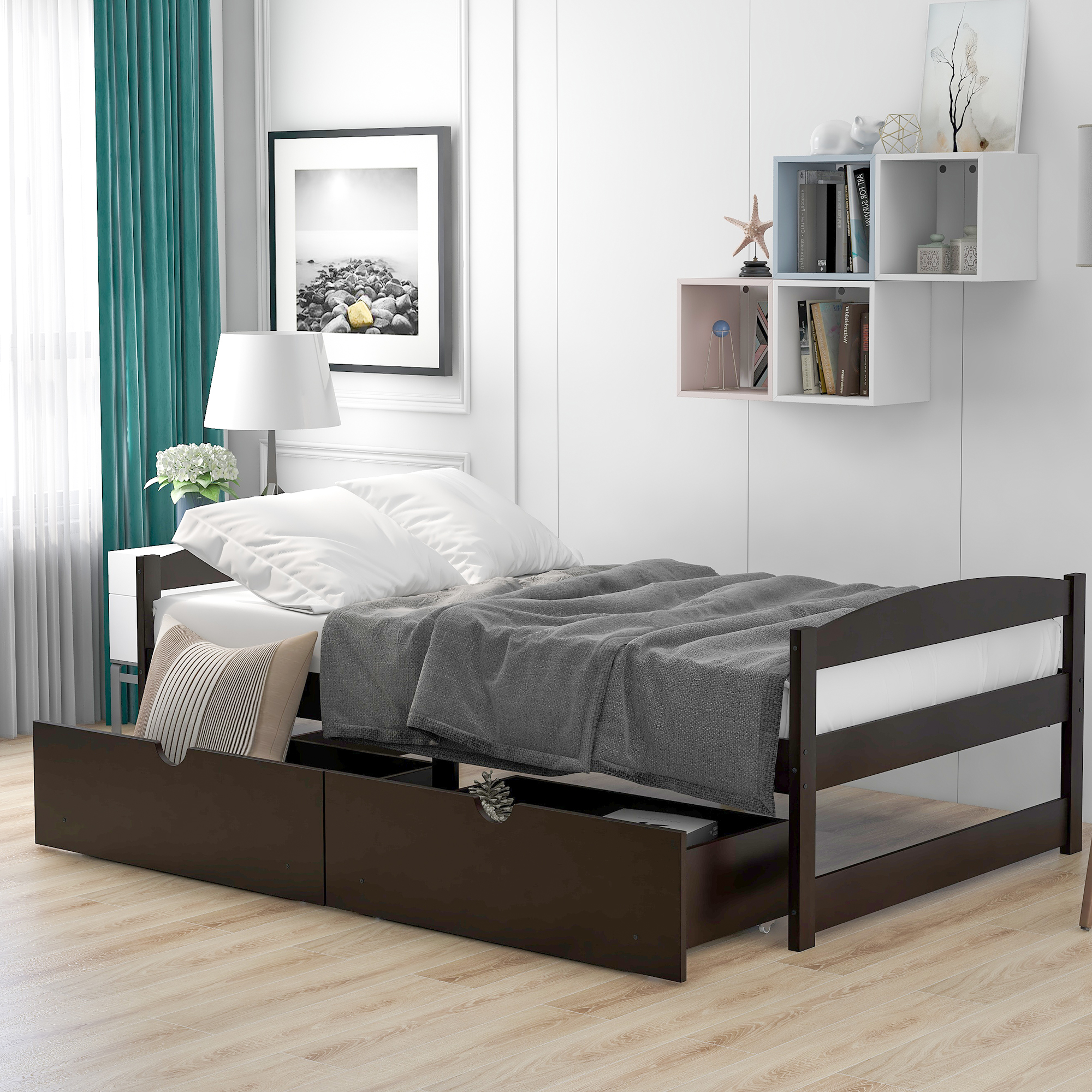 Twin size platform bed, with two drawers, espresso（New）-Boyel Living