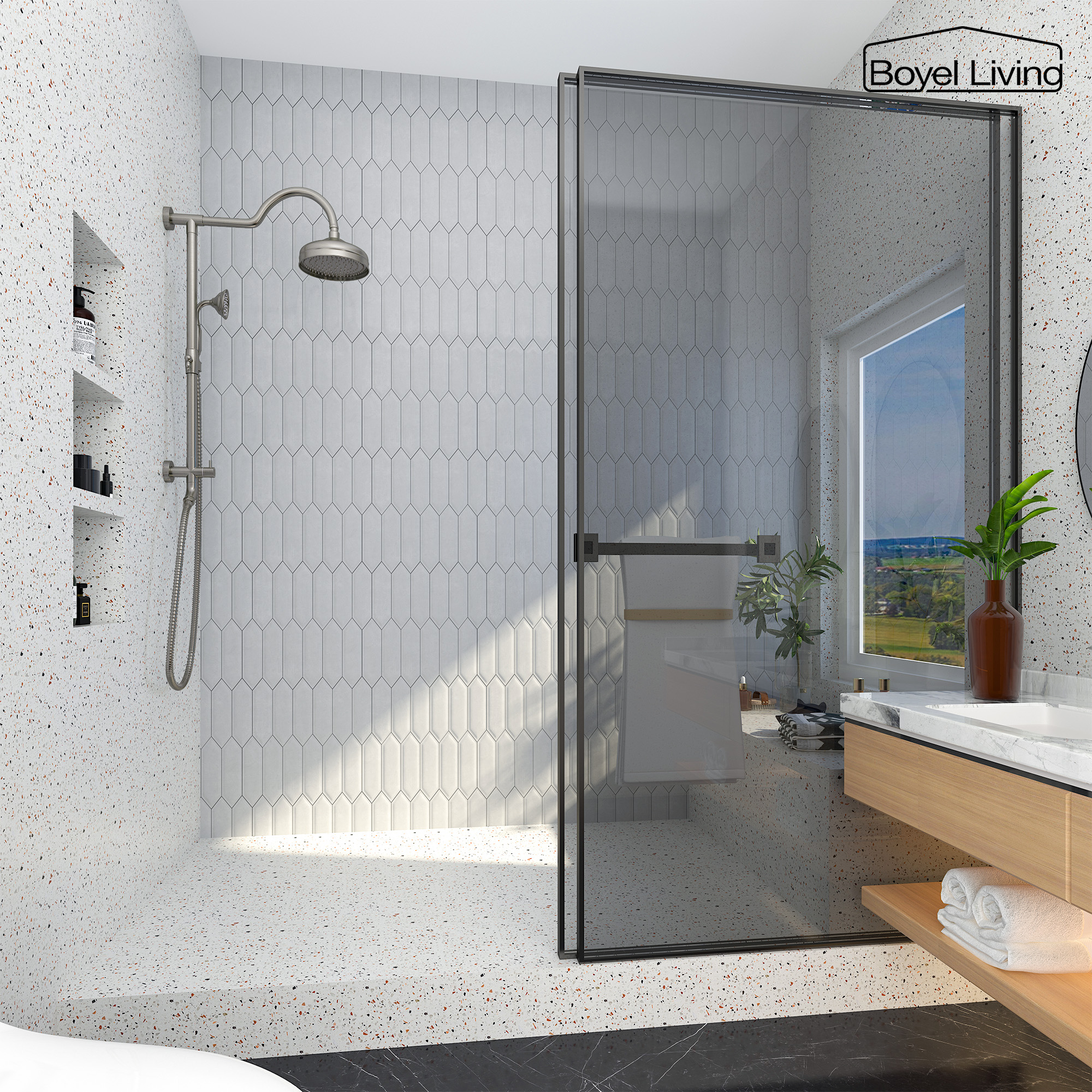 Boyel Living Exposed Pipe Rain Shower Systems Brushed Nickle for Bathroom