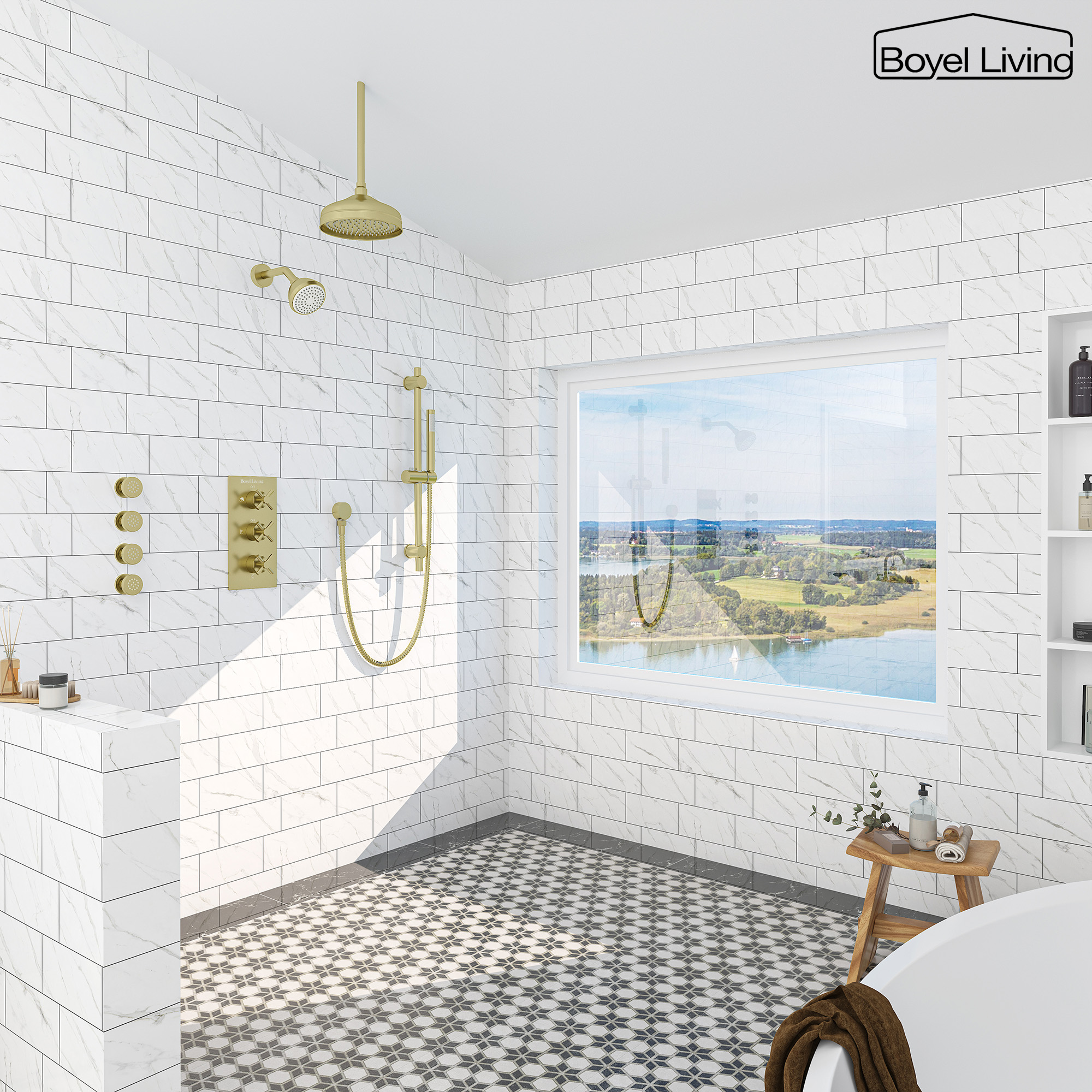 Boyel Living Wall Mount and Ceiling Mount Dual Shower Head System with 4 Body Sprays in Brushed Gold