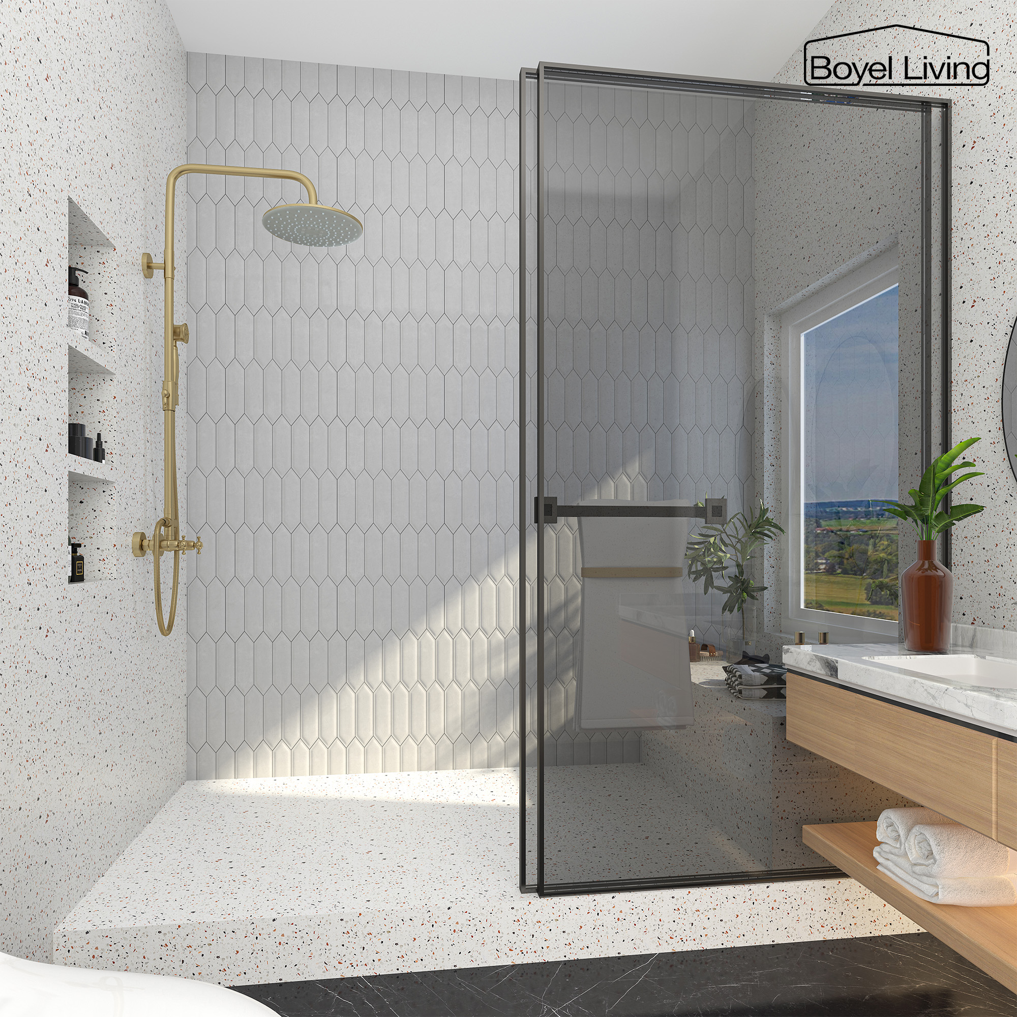 Boyel Living Wall Mount Exposed Complete Shower System with Dual Shower Heads in Brushed Gold