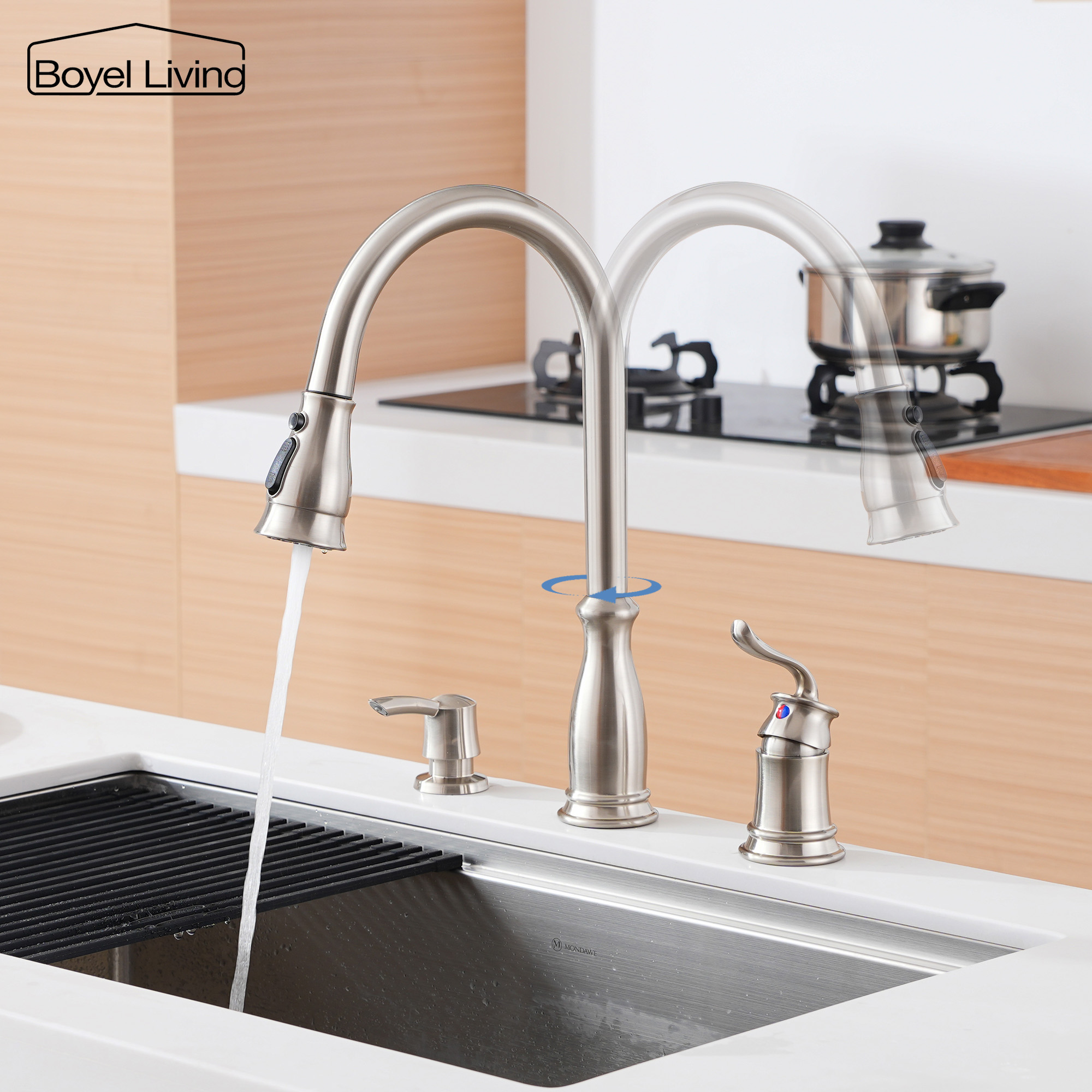 3-Spray Patterns 1.8 GPM Single Handle No Sensor Pull Down Sprayer Kitchen Faucet with Soap Dispenser in Brushed Nickel