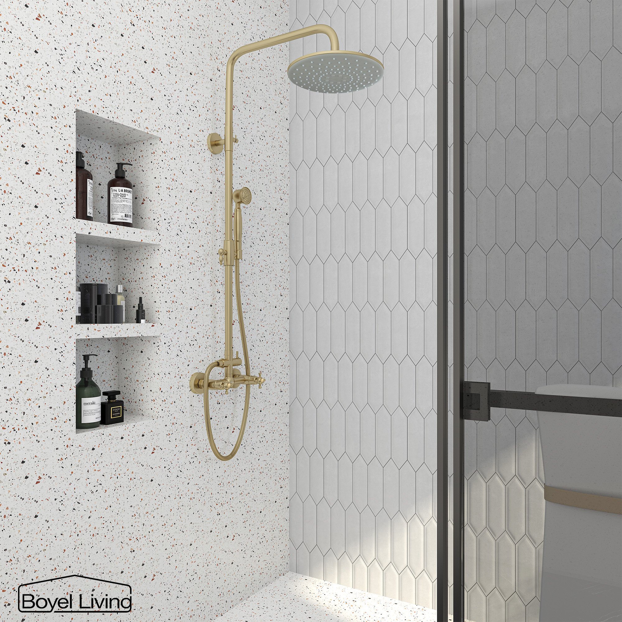 Boyel Living Wall Mount Complete Shower System with 2.5 GPM Dual Shower Heads in Brushed Gold