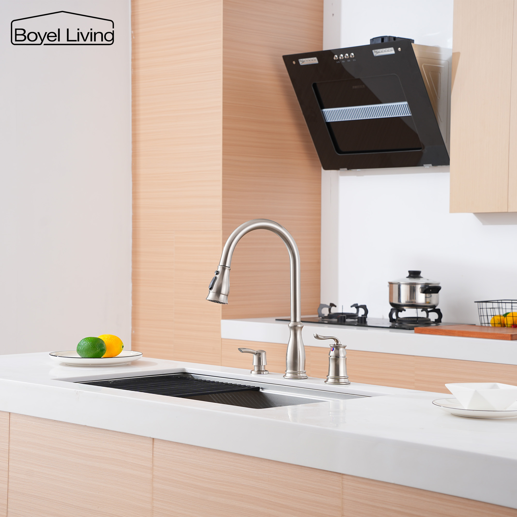 3-Spray Patterns 1.8 GPM Single Handle No Sensor Pull Down Sprayer Kitchen Faucet with Soap Dispenser in Brushed Nickel