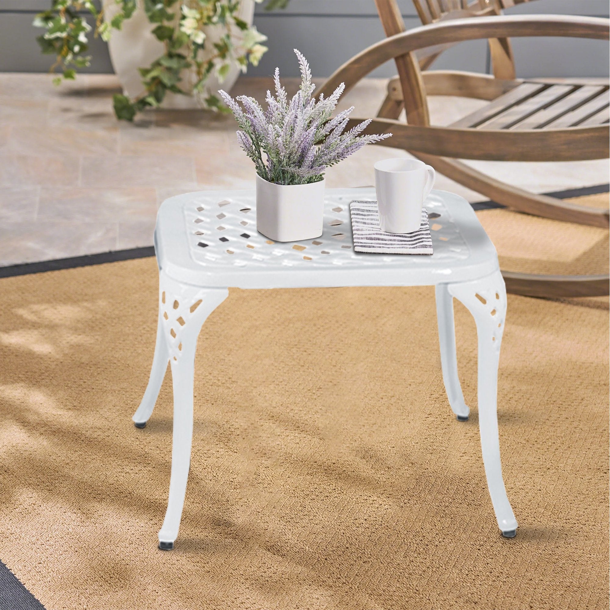 17 in. H Antique White Rectangle Cast Aluminum Outdoor Side Table Patio