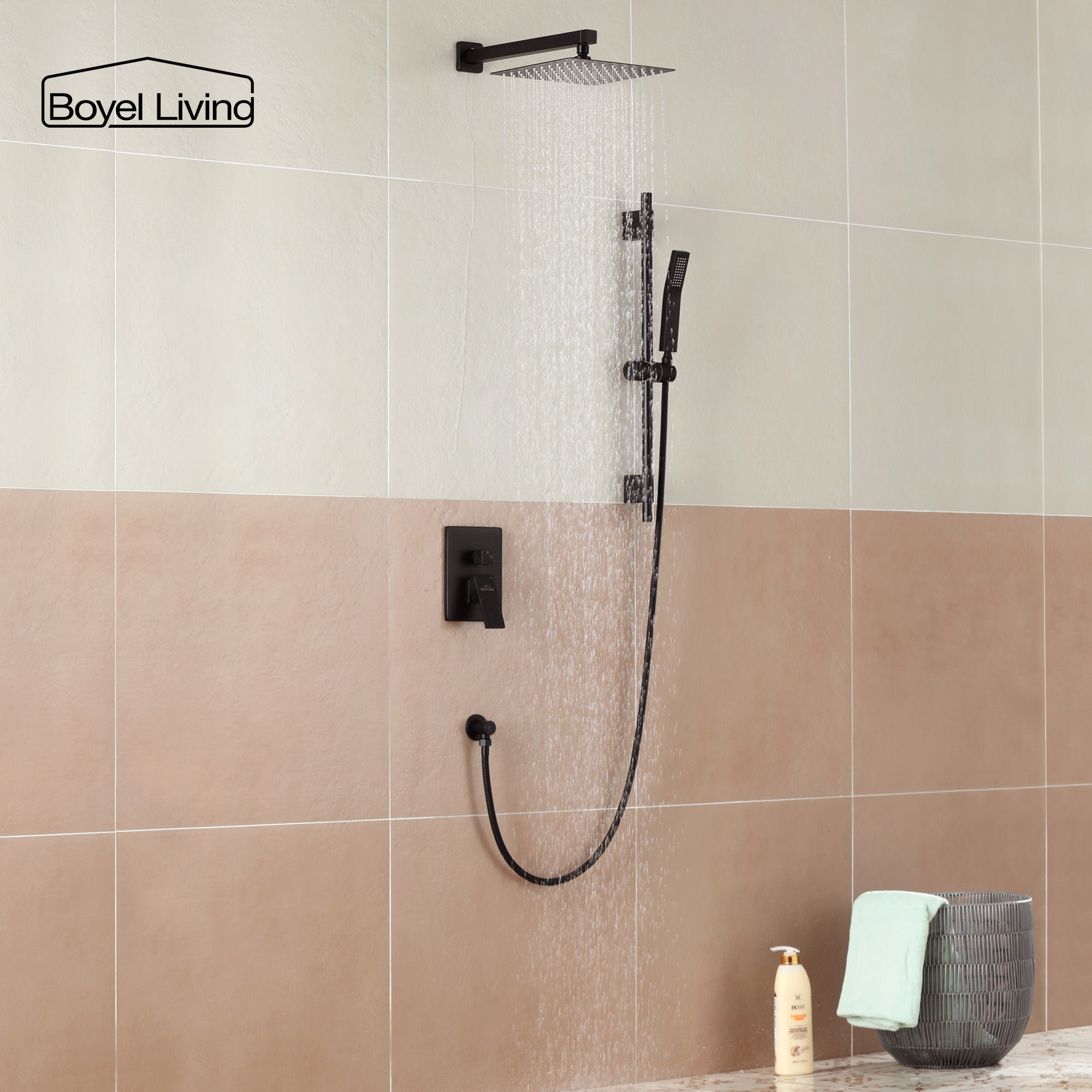 Boyel Living 2.5 GPM Wall Mount Rain Dual Shower Heads, Shower System in Matte Black 10/12 in.-Boyel Living