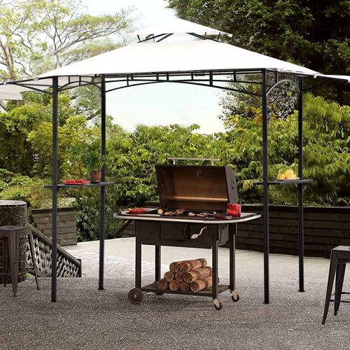 Outdoor 7Ft.Wx6.8Ft.H Steel Double Tiered Backyard Patio BBQ Grill Gazebo with Side Awning, Bar Counters and Hooks, Gray-Boyel Living