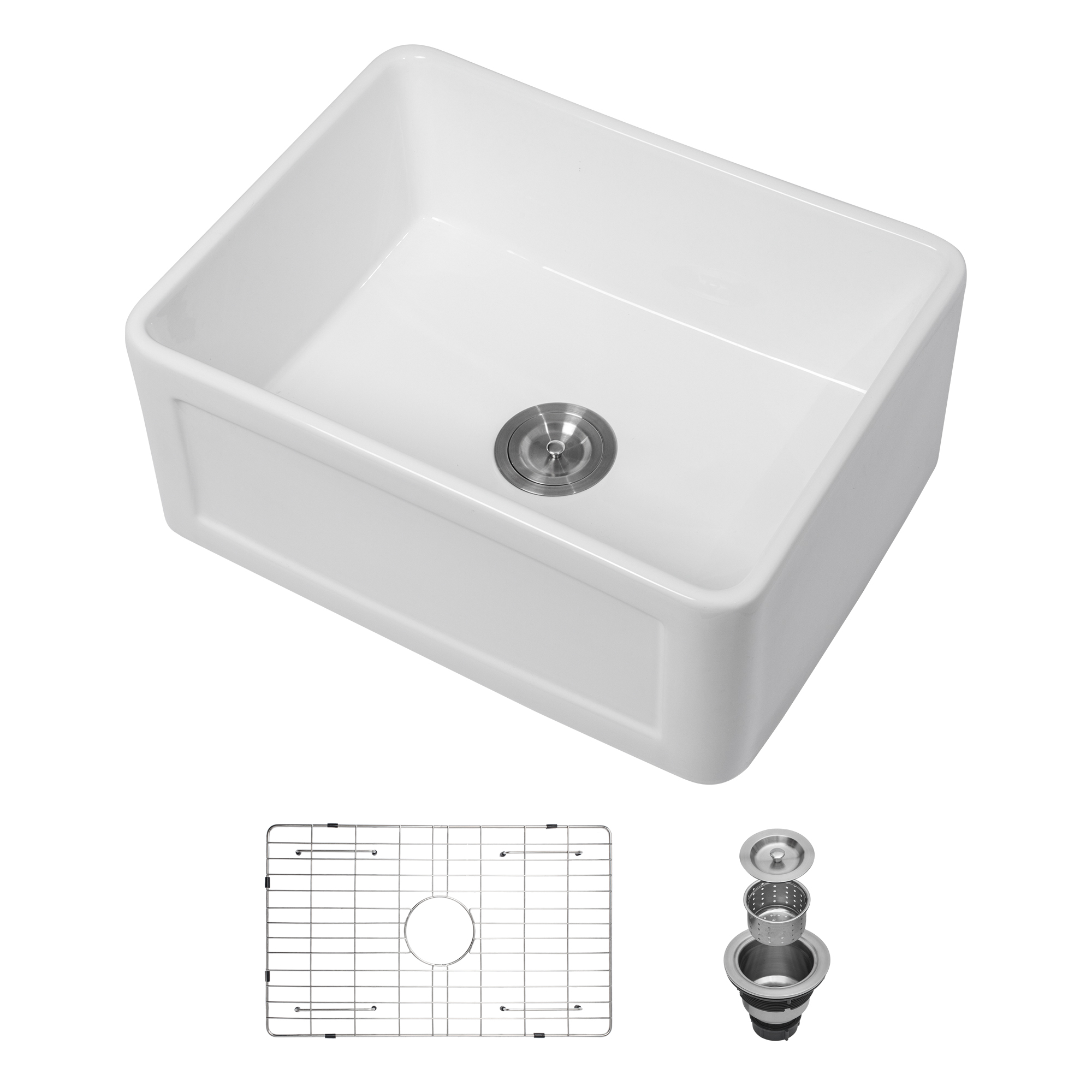 Boyel Living Farmhouse Kitchen Sink 24 inch Single Bowl Rectangular Vessel Sink White Ceramic Sink with Bottom Grid and Strainer