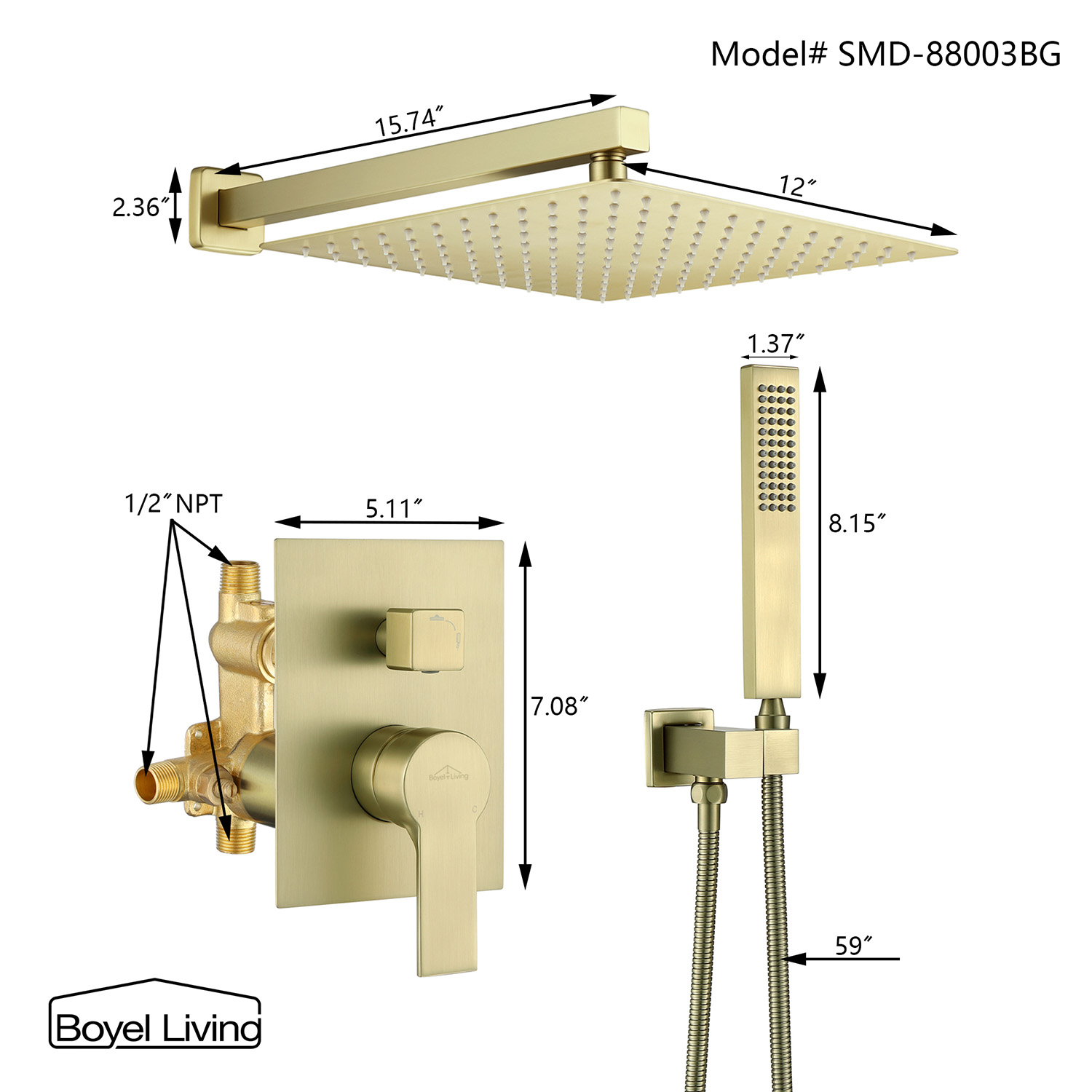 Boyel Living 10/12 In. Wall Mounted Dual Shower Heads Rain Shower System