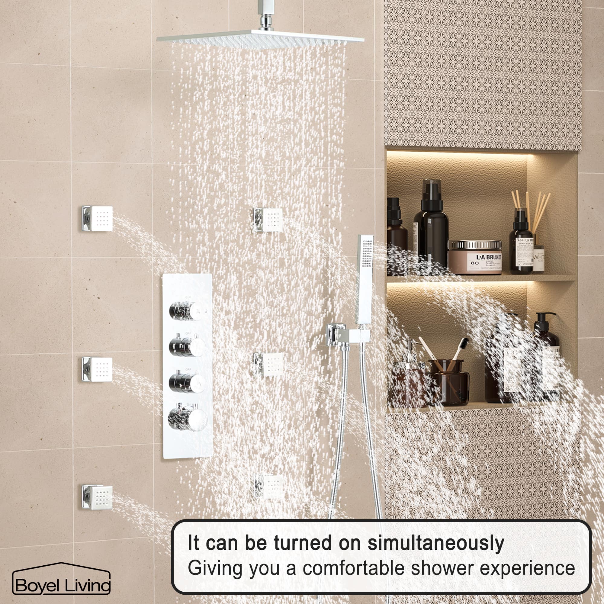 Boyel Living Luxury 6 Jets Thermostatic Shower System Combo Set with Ceiling Rainfall Shower Head and Handshower-Boyel Living
