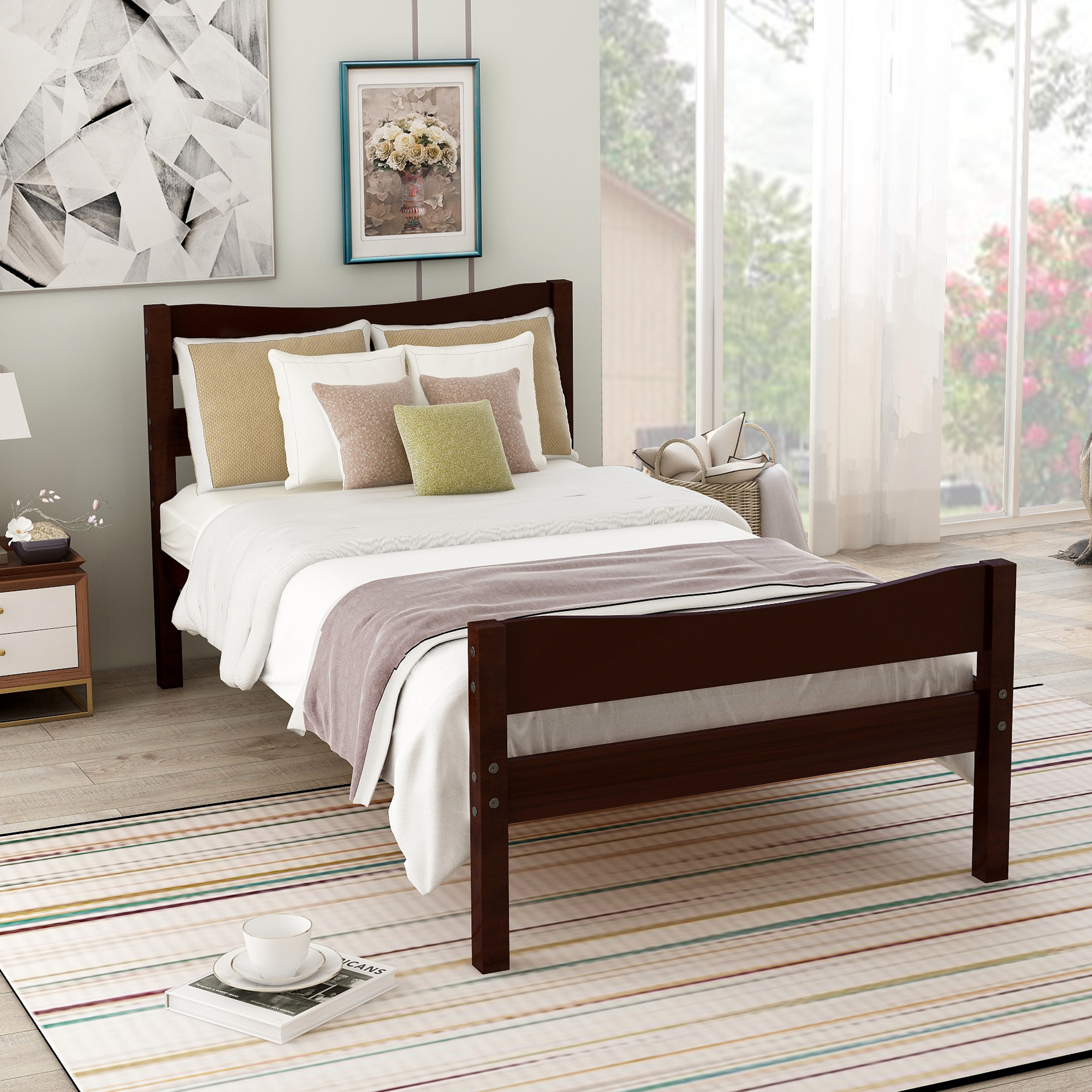 【Not allowed to sell to Walmart】Twin Size Wood Platform Bed with Headboard and Wooden Slat Support (Espresso)-Boyel Living