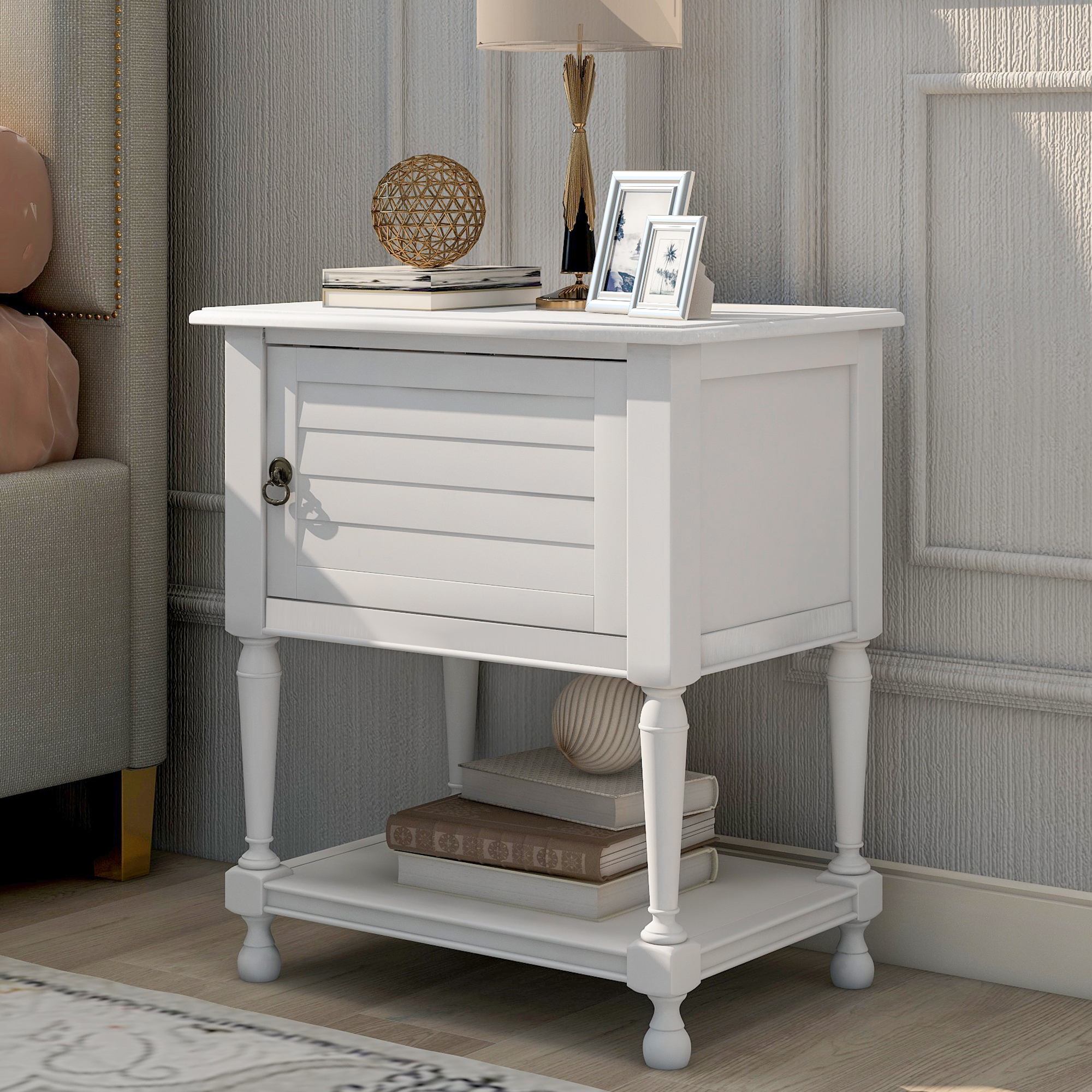 Versatile Nightstand with Two Built-in Shelves Cabinet and an Open Storage,USB Charging Design,White-Boyel Living