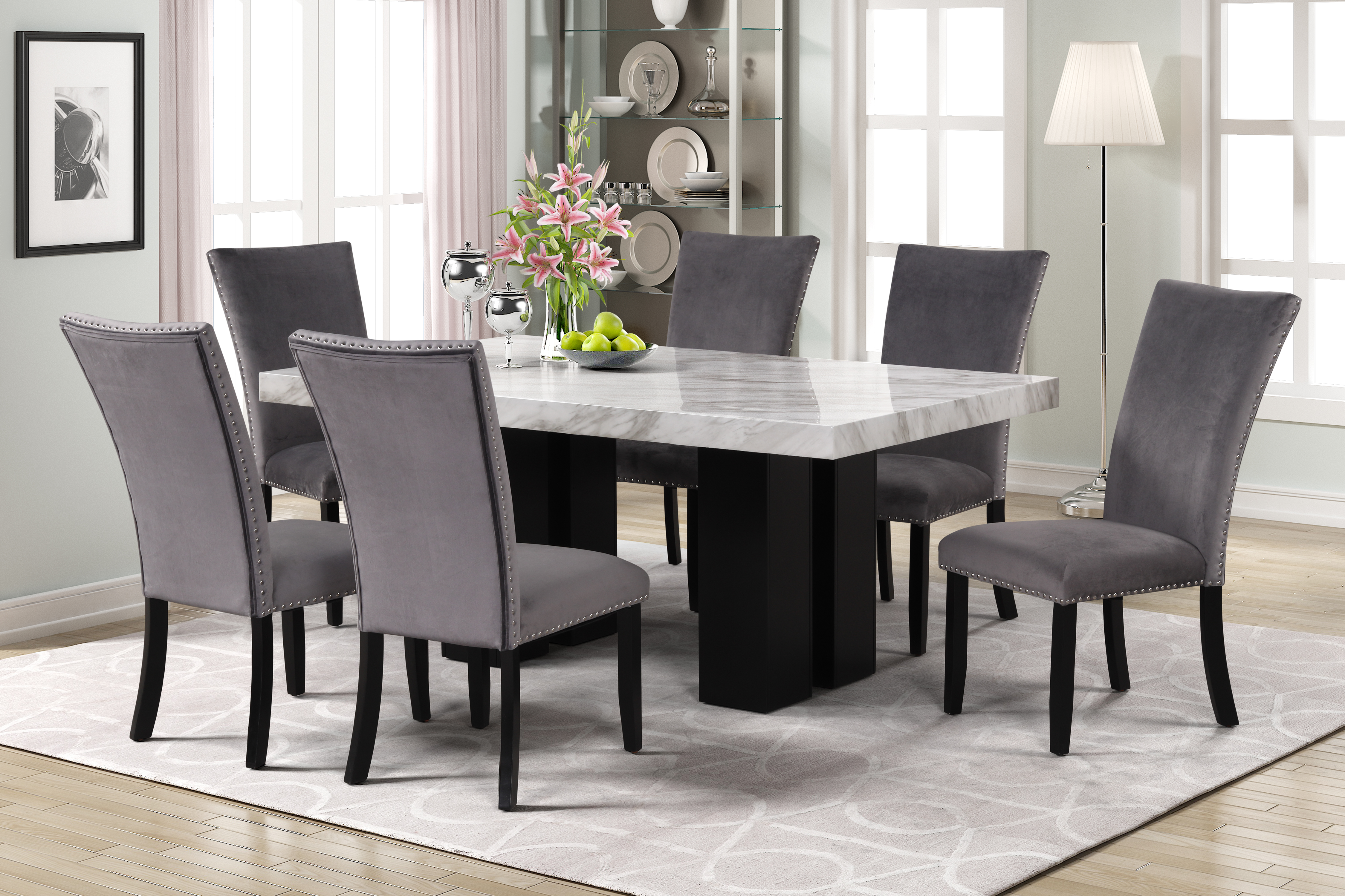 7-piece Dining Table Set with 1 Faux Marble Dining Rectangular Table and 6 Upholstered-Seat Chairs ,for Dining room and Living Room Furniture, Table Top:70in.Lx42in.Wx3in.H, Gray-Boyel Living