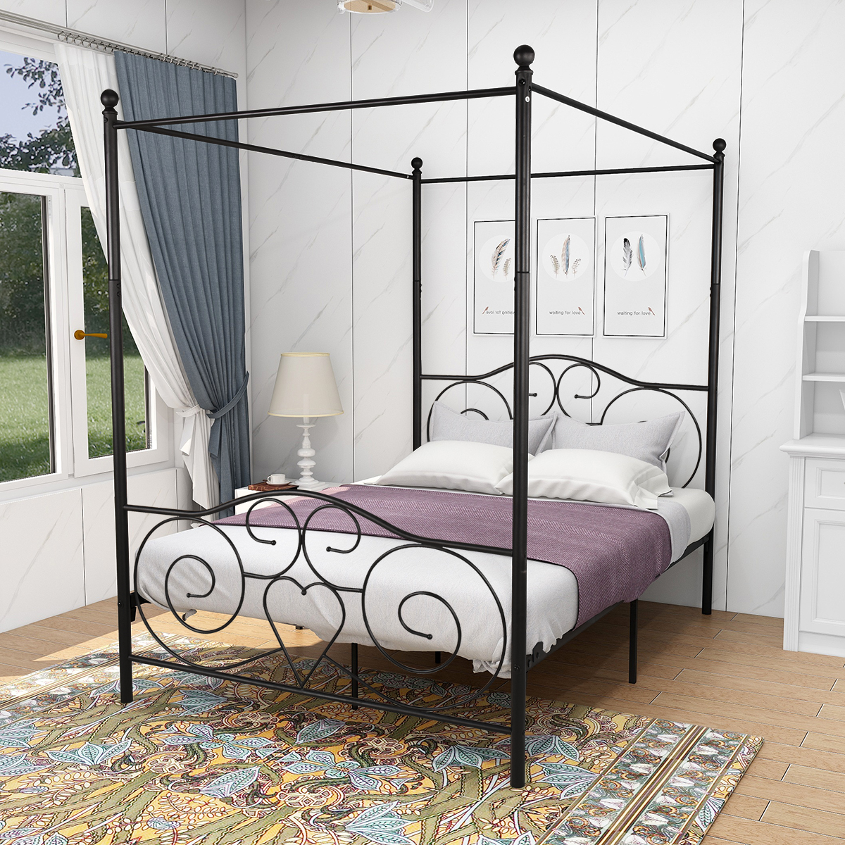 Metal Canopy Bed Frame with Vintage Style Headboard  Footboard Sturdy Steel Holds 450 lbs,Easy DIY Assembly All Parts Included, Full Black-Boyel Living