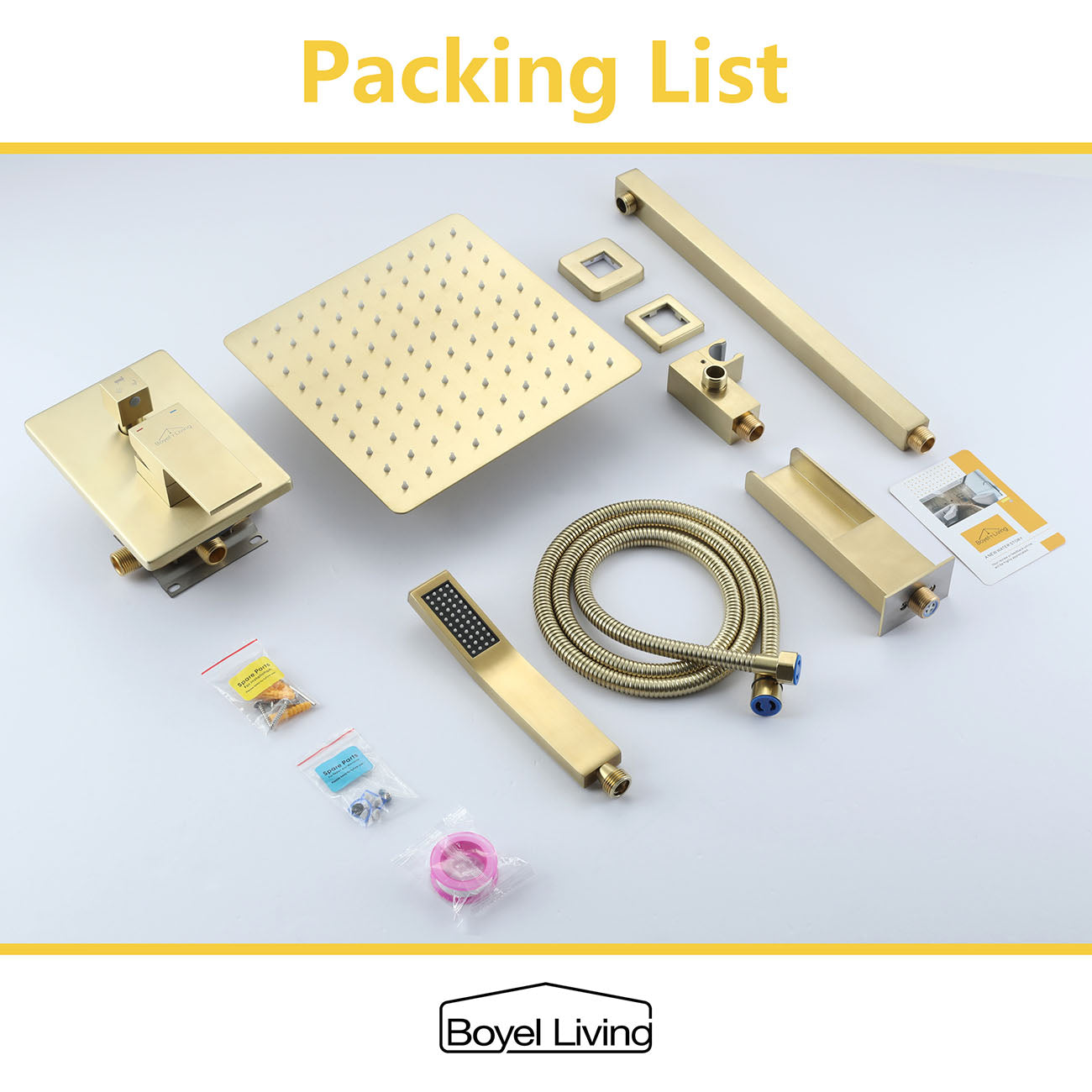 Complete Shower Head System with Handheld and Tub Spout in Brushed Gold Packing List-Boyel Living