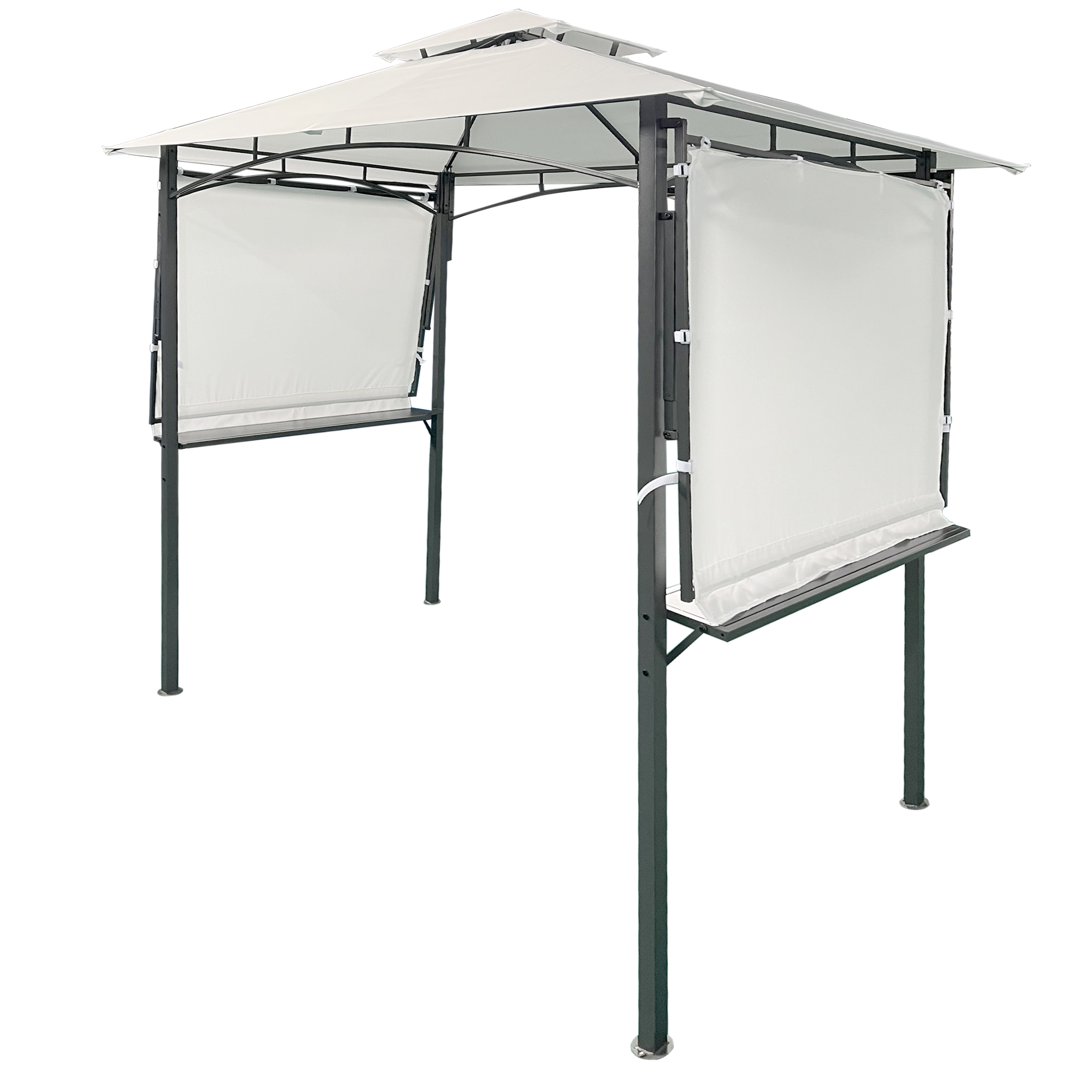 13Ft.Lx4.5Ft.W Steel Double Tiered Backyard Patio BBQ Grill Gazebo with Bar CountersExtendable Shades, White-Boyel Living