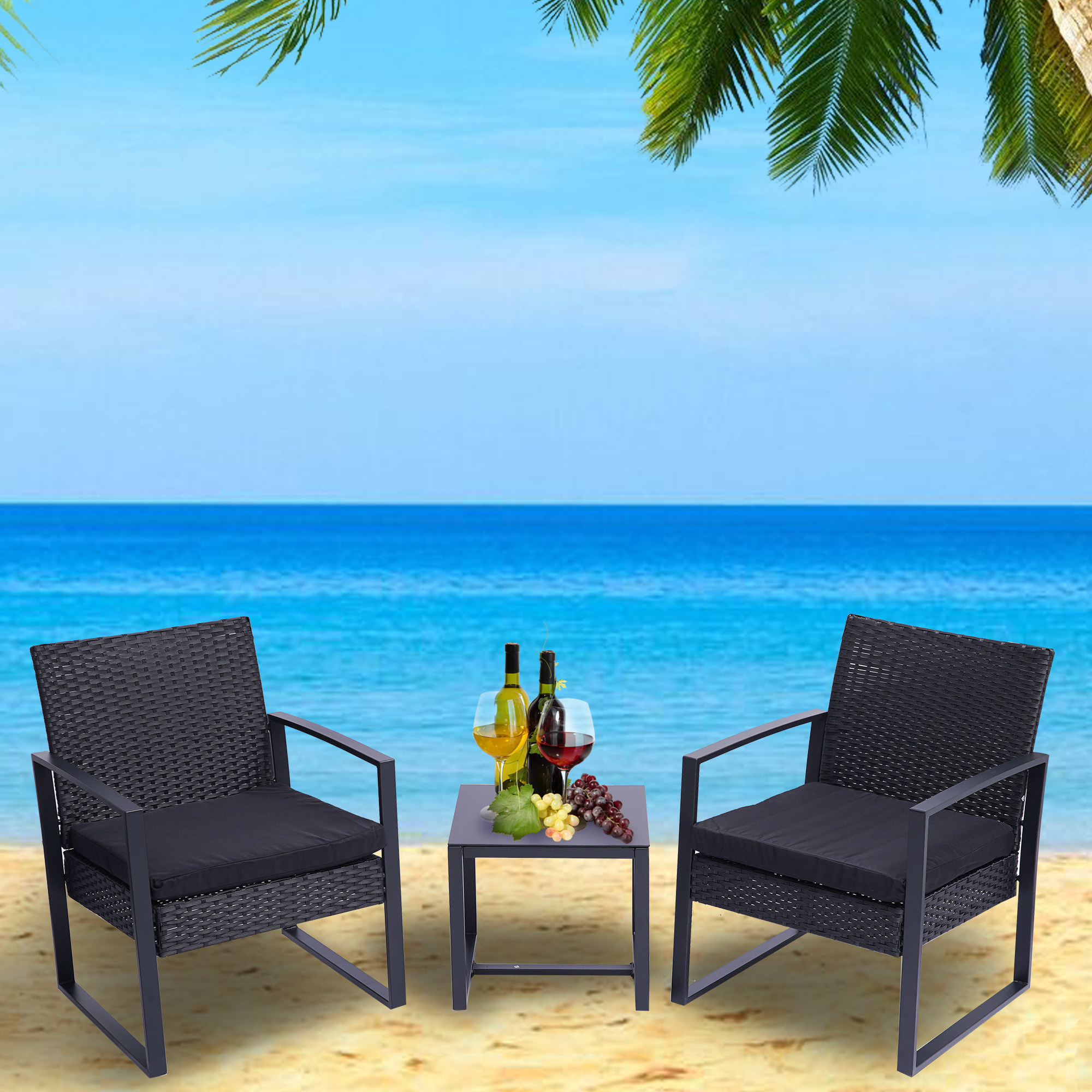 3 Pieces Patio Set Outdoor Wicker Patio Furniture Sets Modern Set Rattan Chair Conversation Sets with Coffee Table for Yard and Bistro (Black)-Boyel Living