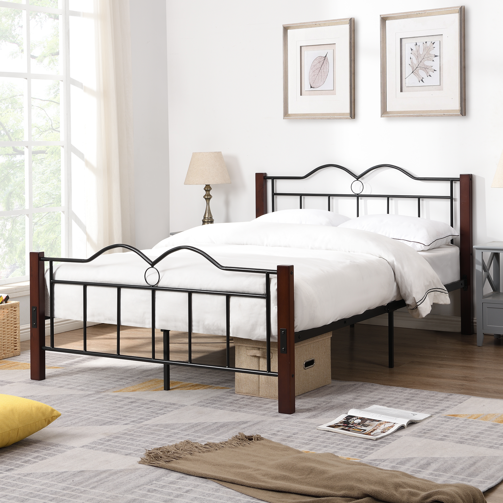 Metal Full Size Platform Bed With Wooden Feet-Boyel Living