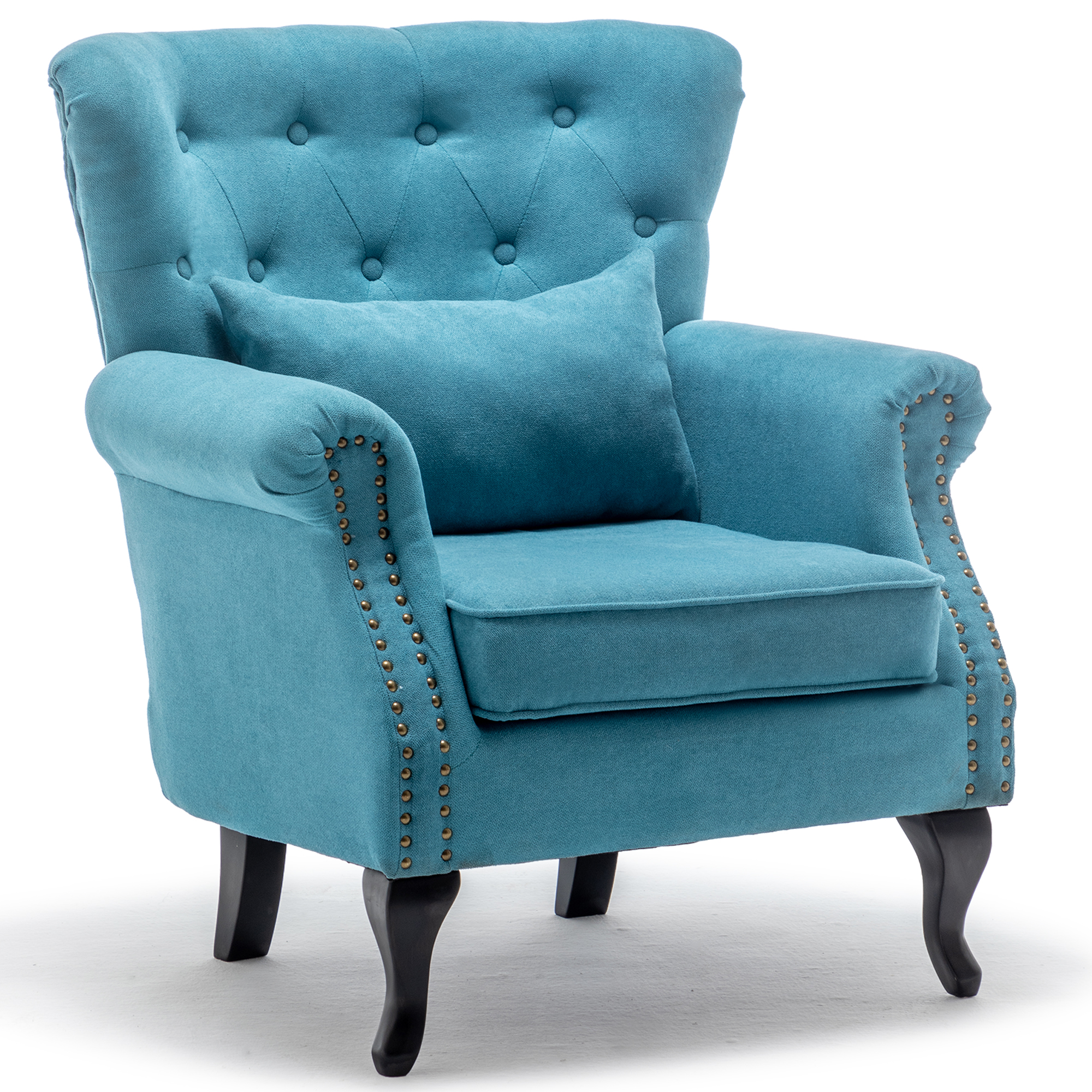 Accent Wingback Chair,  Modern Tufted Linen Club Chair, Rivet Roll Arm Chair for Living Room, Bedroom, Blue-Boyel Living