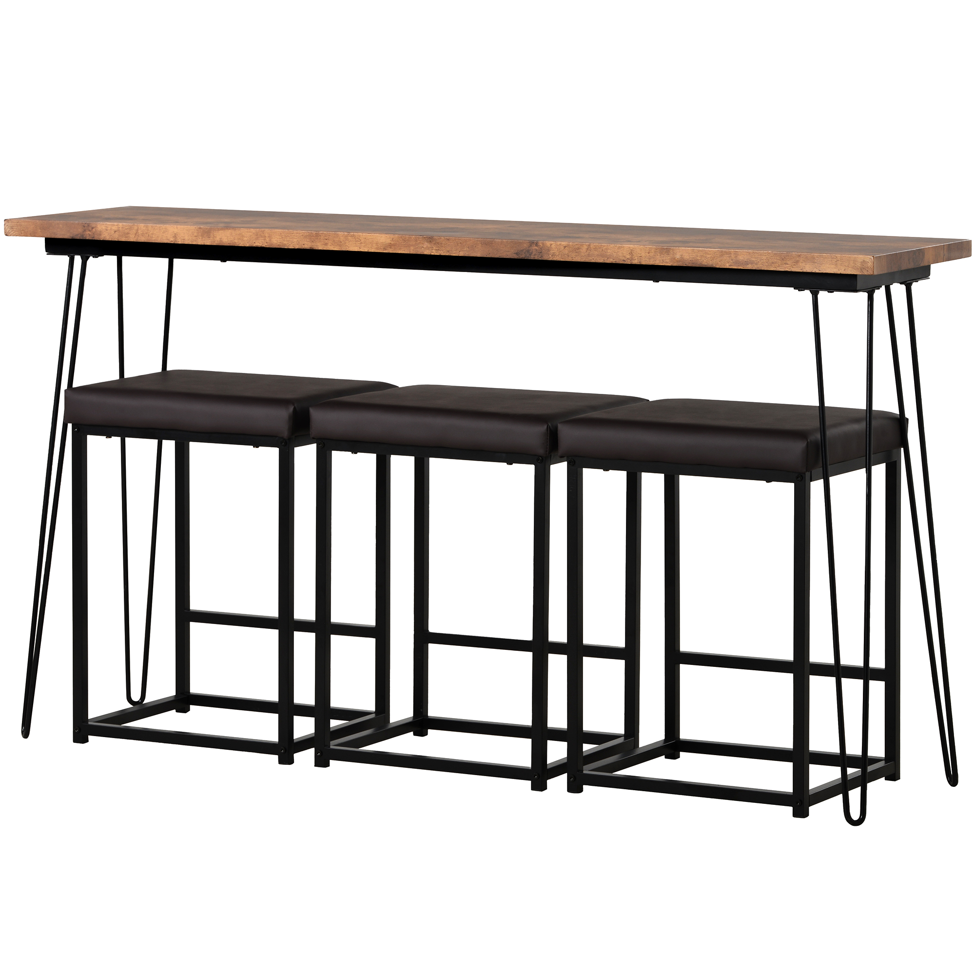 Updated 4 Pieces Counter Height Extra Long Dining Table Set with 3 PU Stools Bar Kitchen Table Set Console Table,Rustic Brown Table+Black Stool-Boyel Living