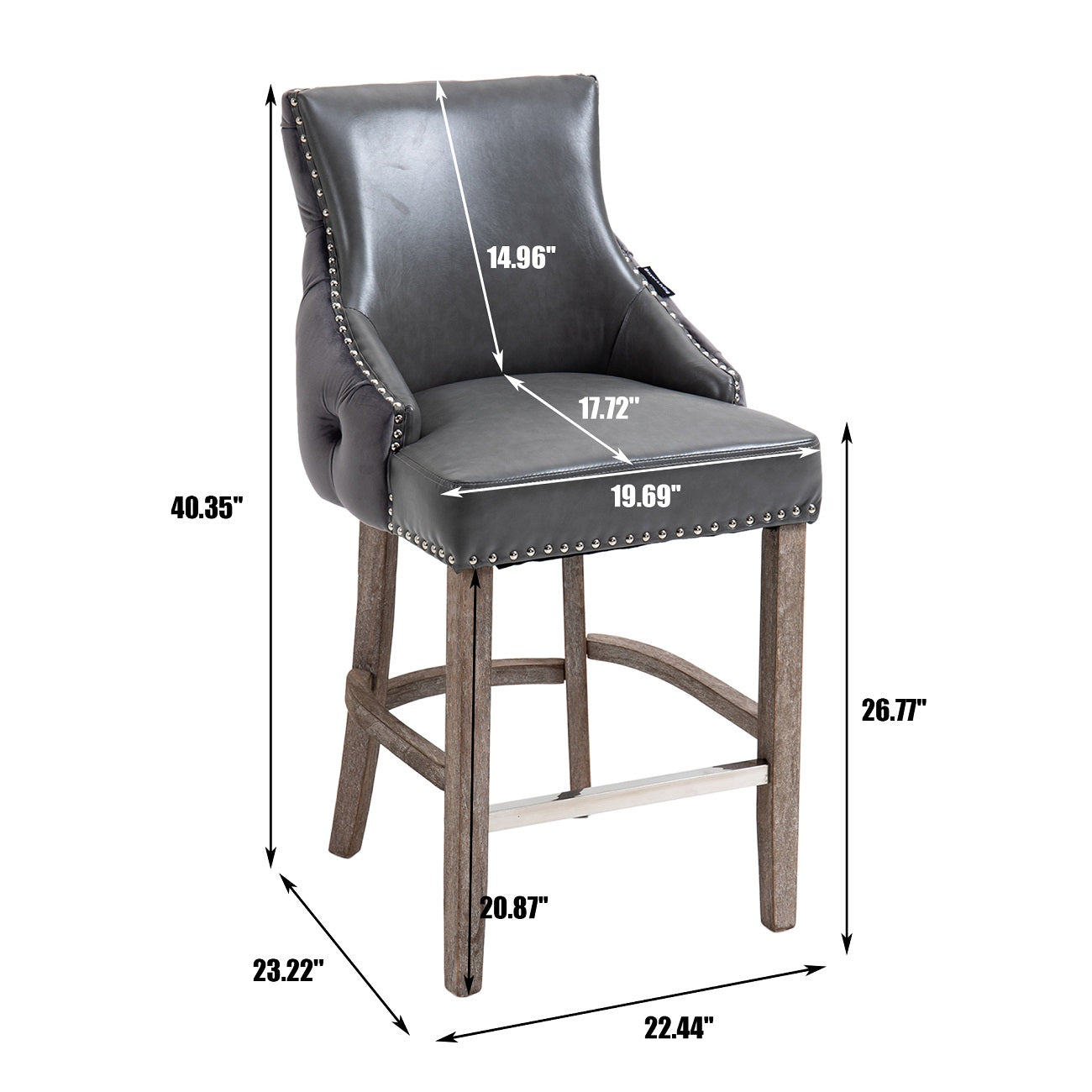 40 in. Gray Velvet+PU Fabric Nailhead Tufted Bar Stool with 4 Solid Wood Legs, Set of 2-Boyel Living