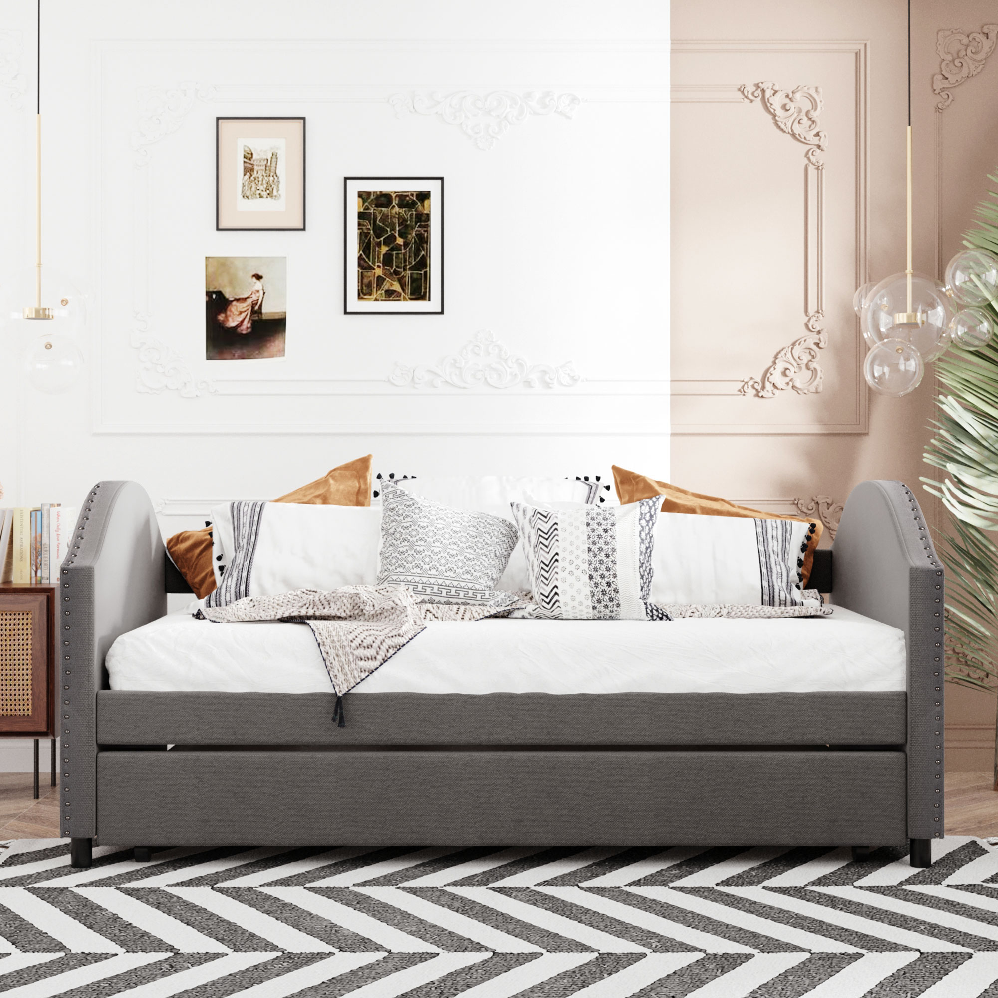 Twin size Upholstered Daybed with Twin Size Trundle, Gray-Boyel Living