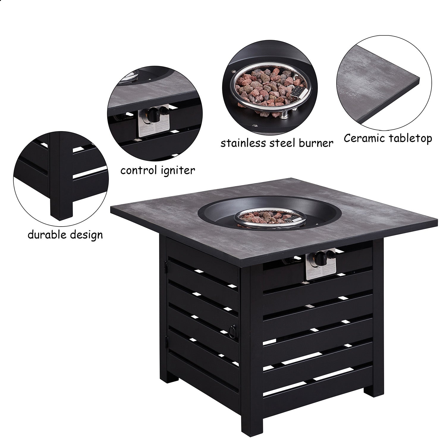 Gray Fire Pit Table, 32-inch Square 50,000 BTU Auto-Ignition Propane Gas Firepit with Waterproof Cover-Boyel Living