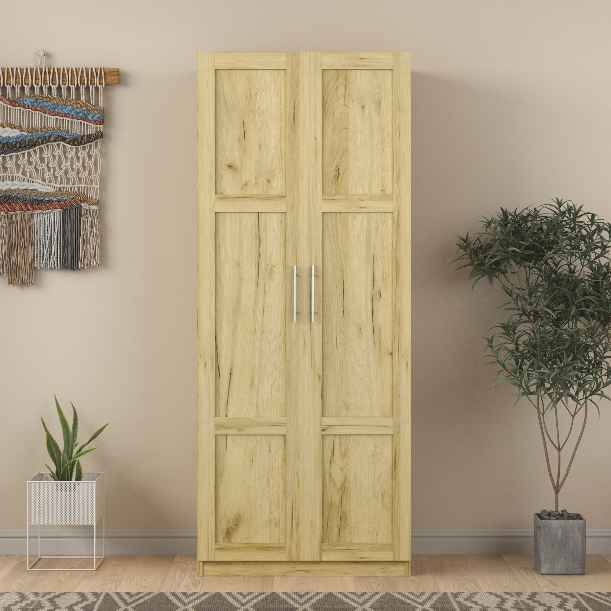 High wardrobe and kitchen cabinet with 2 doors and 3 partitions to separate 4 storage spaces, oak-Boyel Living