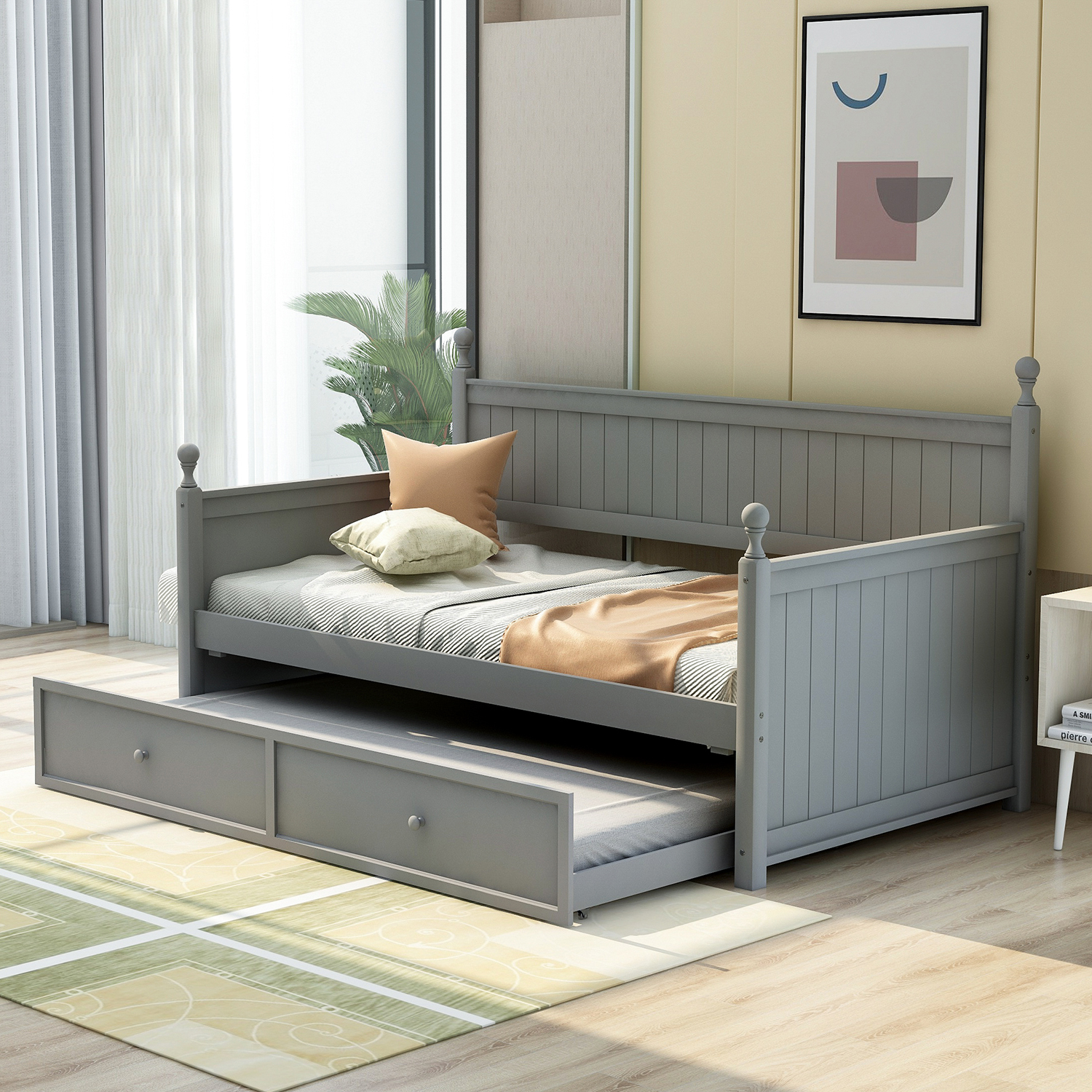 Twin Size Wood Daybed with Twin Size Trundle (Gray)-Boyel Living