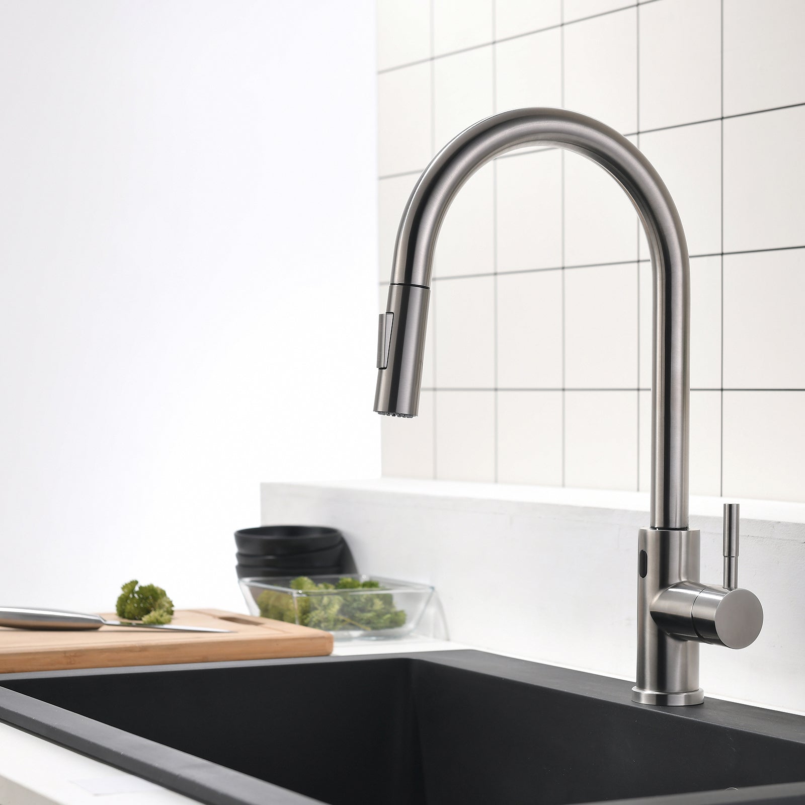 Single-Handle Touchless Pull-Out Sprayer Kitchen Faucet with Water Supply Lines in Brushed Nickel( Deckplate and Batteries Not Included )-Boyel Living