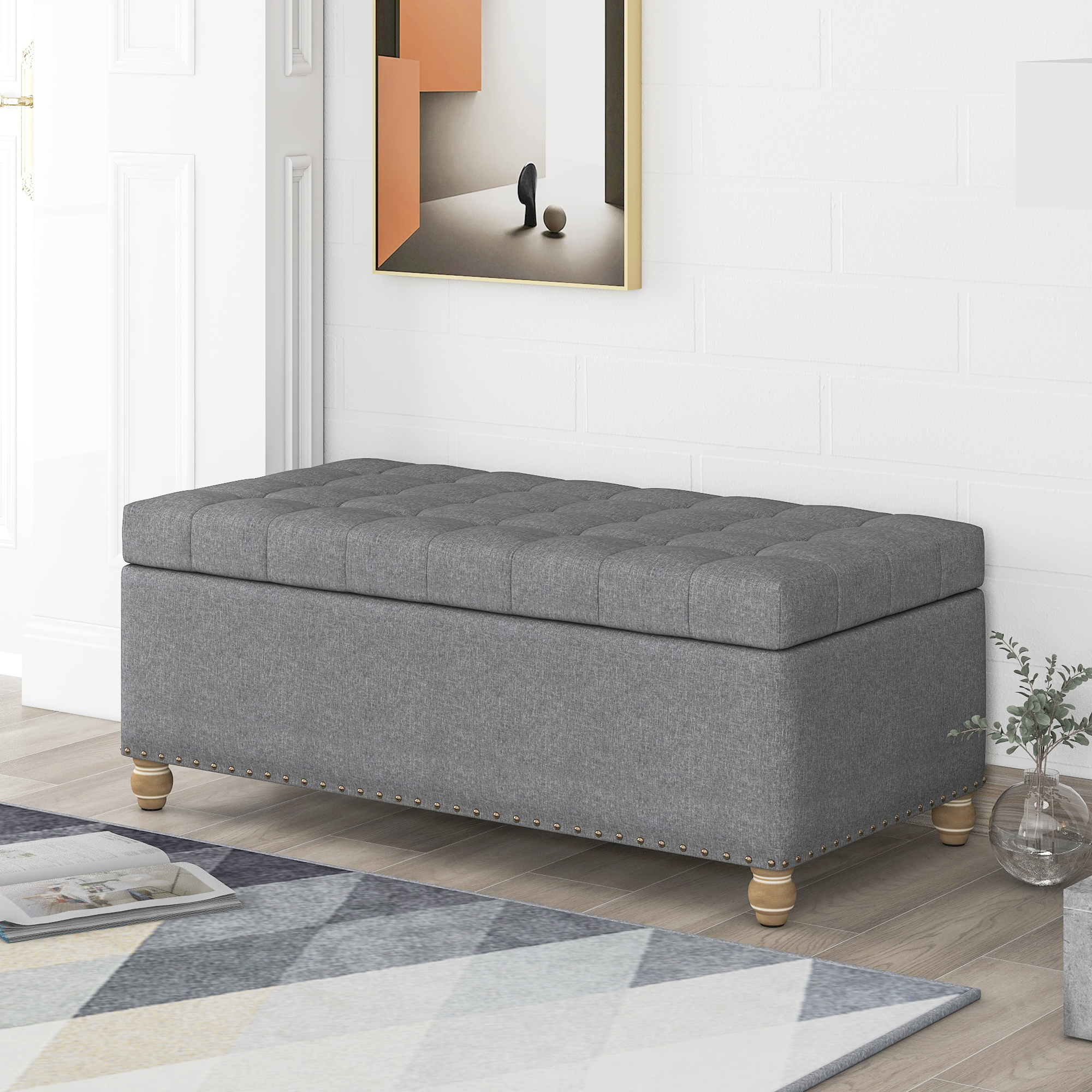 Upholstered Flip Top Storage Bench with Tufted Top, Rubber wood legs-Boyel Living