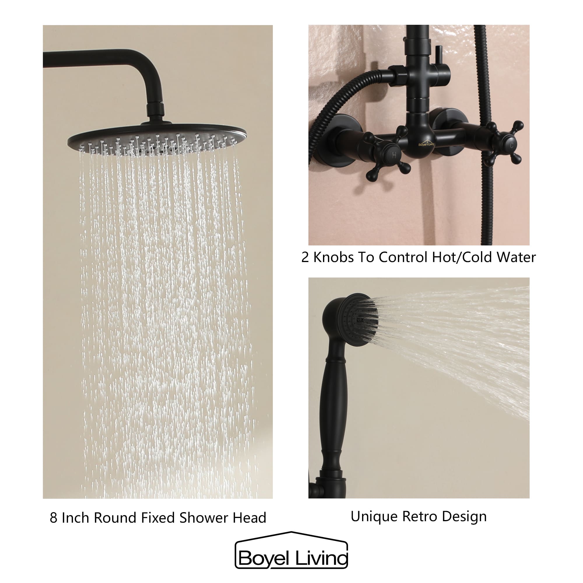 Boyel Living Wall Mount Rainfall Complete Shower System Dual Shower Heads in Matte Black-Boyel Living