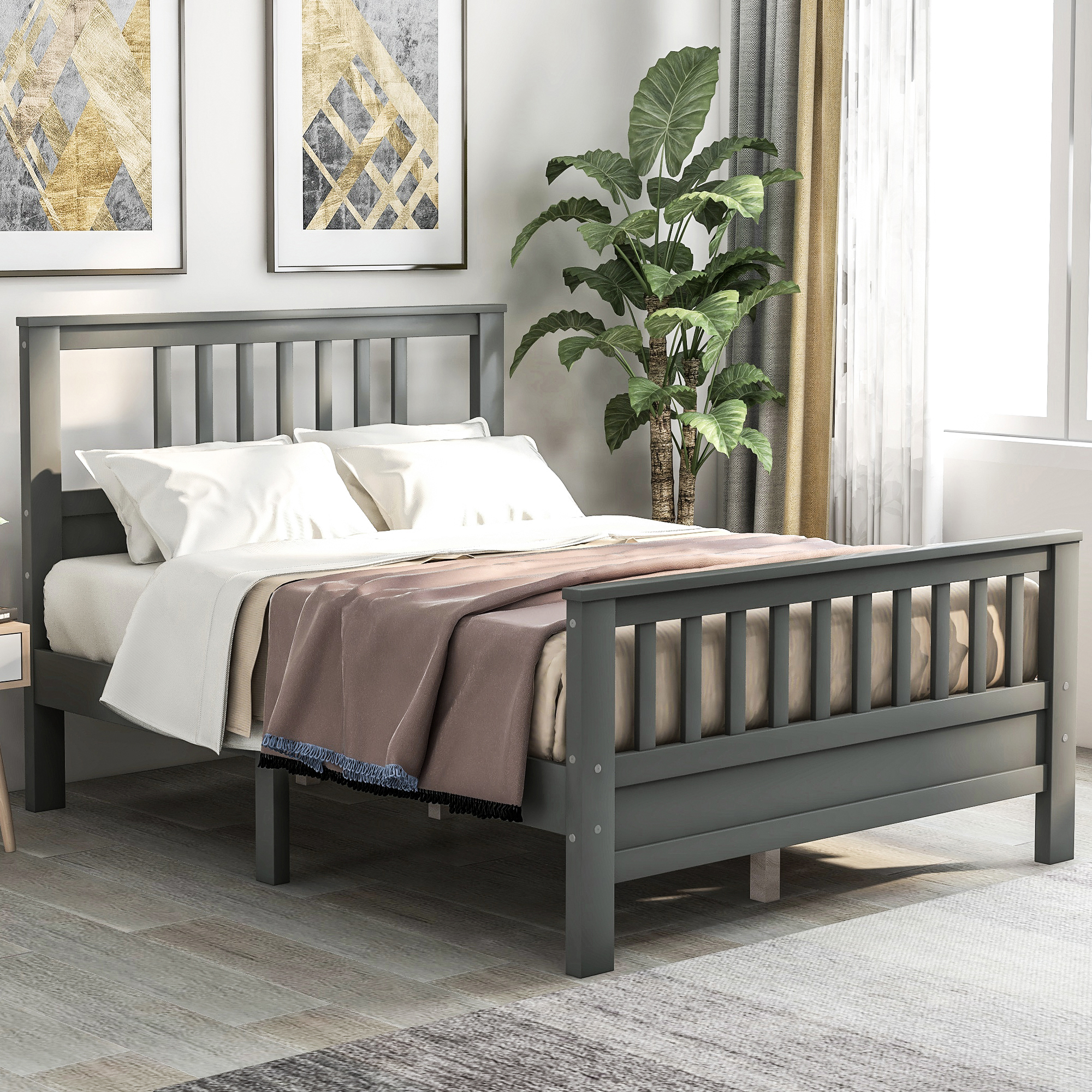 Wood Platform Bed with Headboard and Footboard, Full (Gray)-Boyel Living