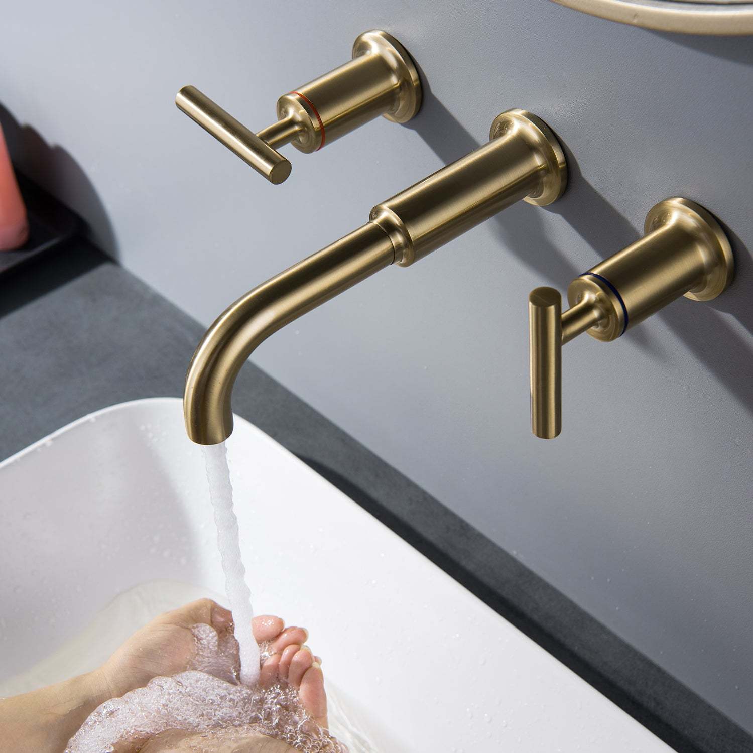 Two-Handle Wall Mounted Bathroom Faucet in Brushed Gold