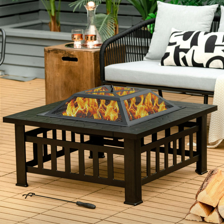 32 Inch 3 in 1 Outdoor Square Fire Pit Table with BBQ Grill and Rain Cover for Camping-Boyel Living