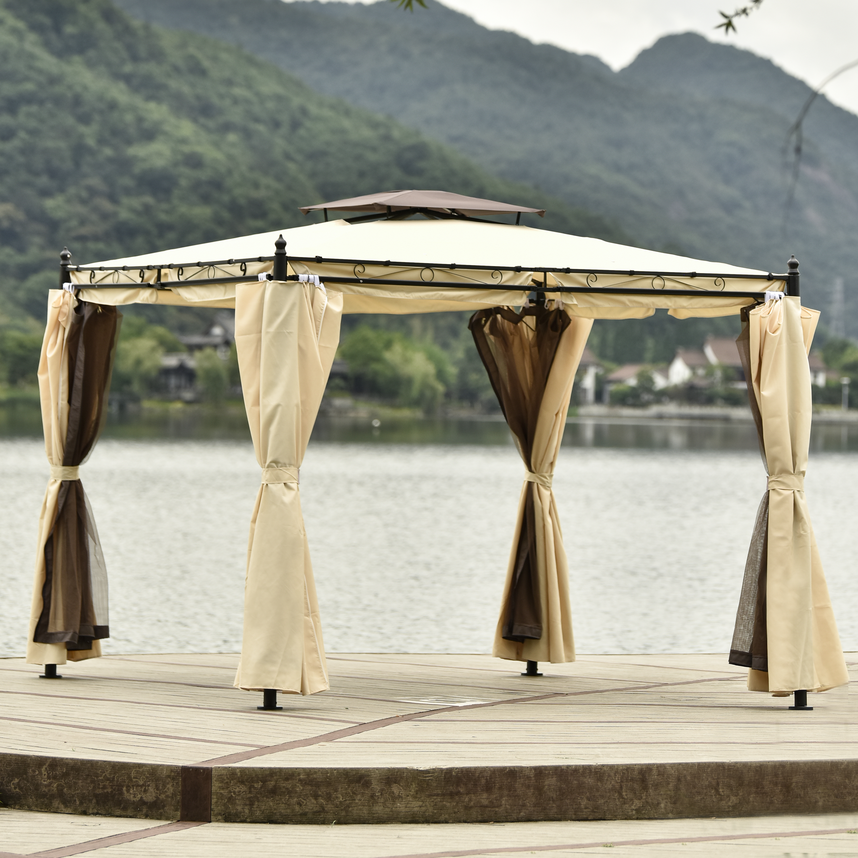  9.3ft.Lx9.3ft. WOutdoor Patio Gazebo with Mosquito nets and Polyester Curtains, Double Roofs for Decks, Poolsides, Gardens, Beige-Boyel Living