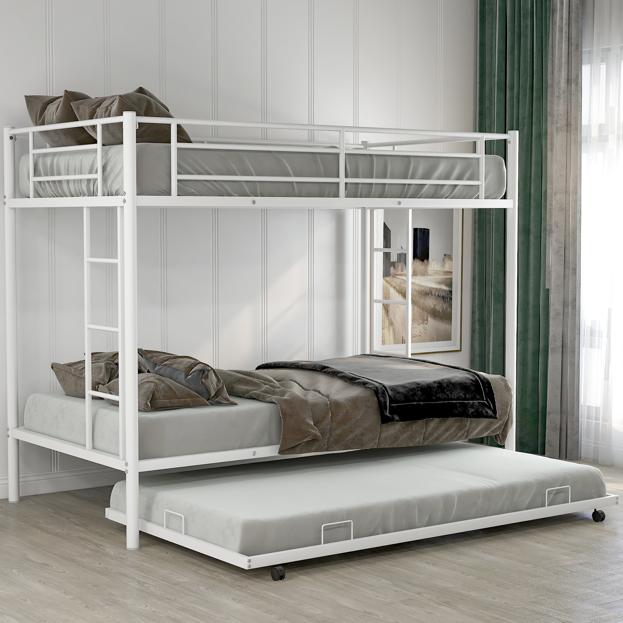 Twin over Twin Bunk Bed with Trundle, White-Boyel Living