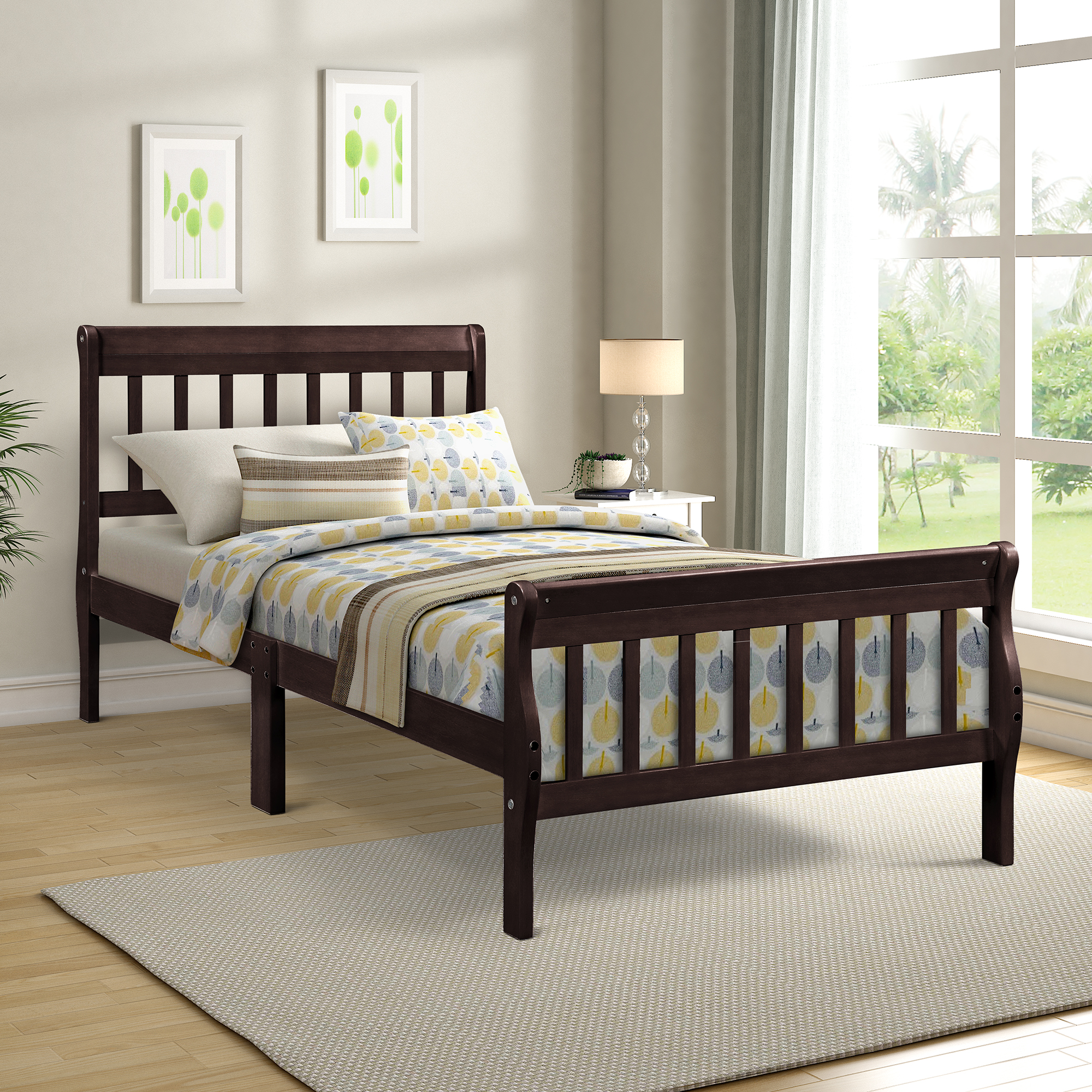 Wood Platform Bed Twin Bed Frame Panel Bed Mattress Foundation Sleigh Bed with Headboard/Footboard/Wood Slat Support-Boyel Living
