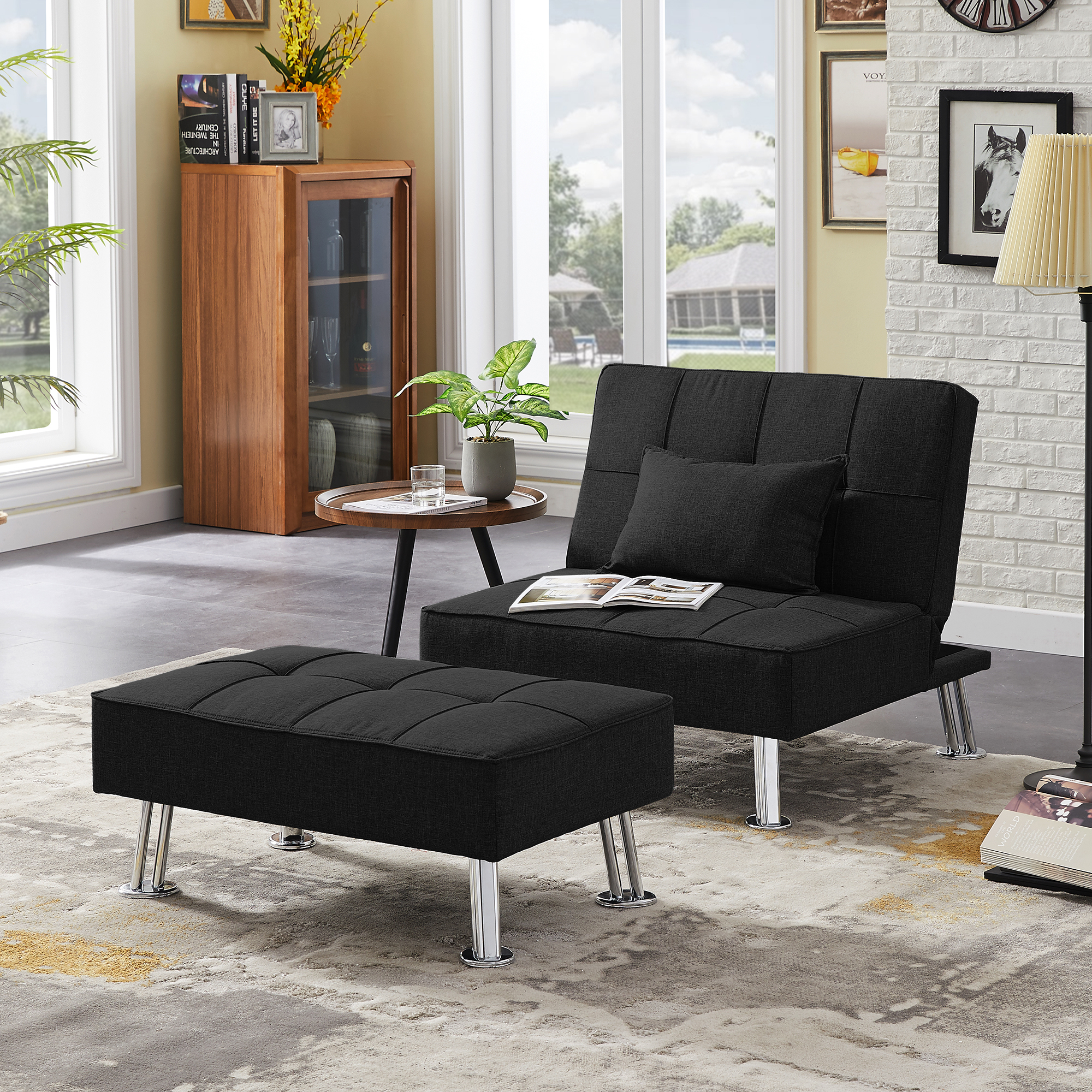 Modern Fabric Single Sofa Bed with Ottoman , Convertible Folding Futon Chair, Lounge Chair Set with Metal Legs .-Boyel Living